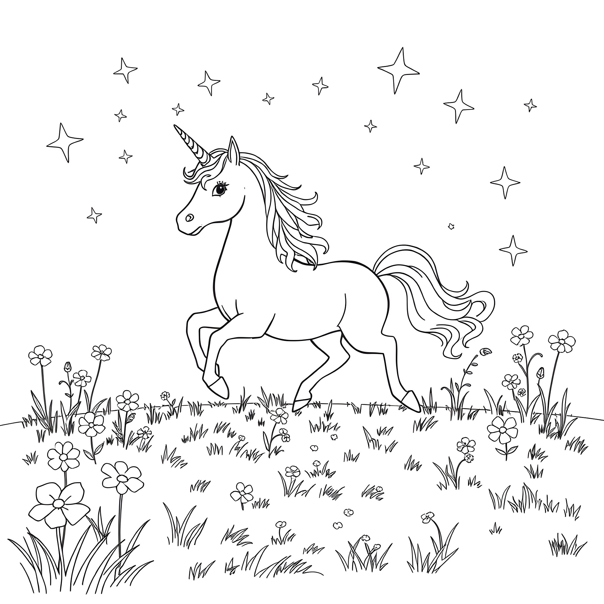 Unicorn amidst stars and flowers Coloring Page (free black-and-white line drawing printable PDF for all, from beginners to advanced learners, including children, teens, adults, and seniors)