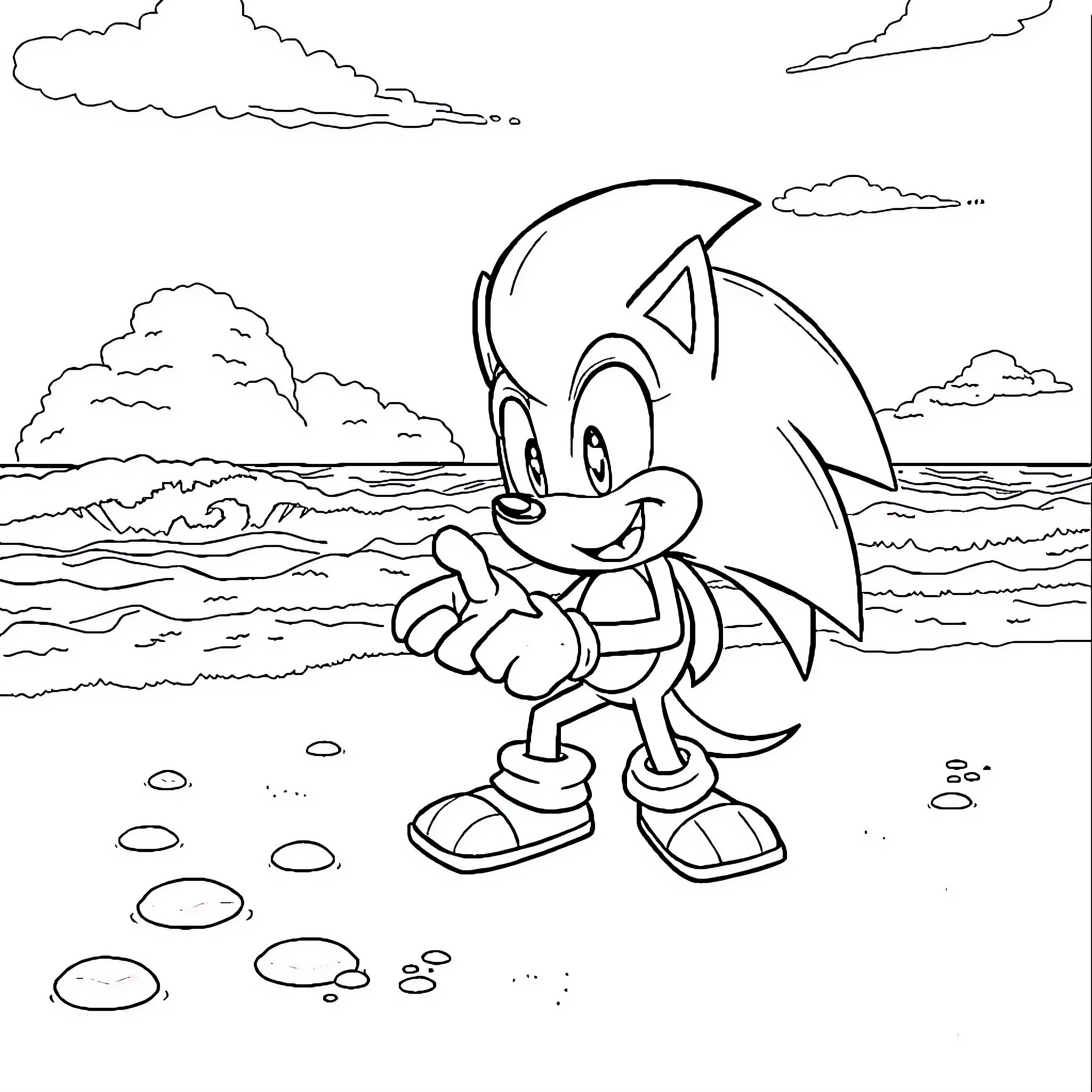 Sonic enjoying the beach scenery Coloring Page (free black-and-white line drawing printable PDF for all, from beginners to advanced learners, including children, teens, adults, and seniors)