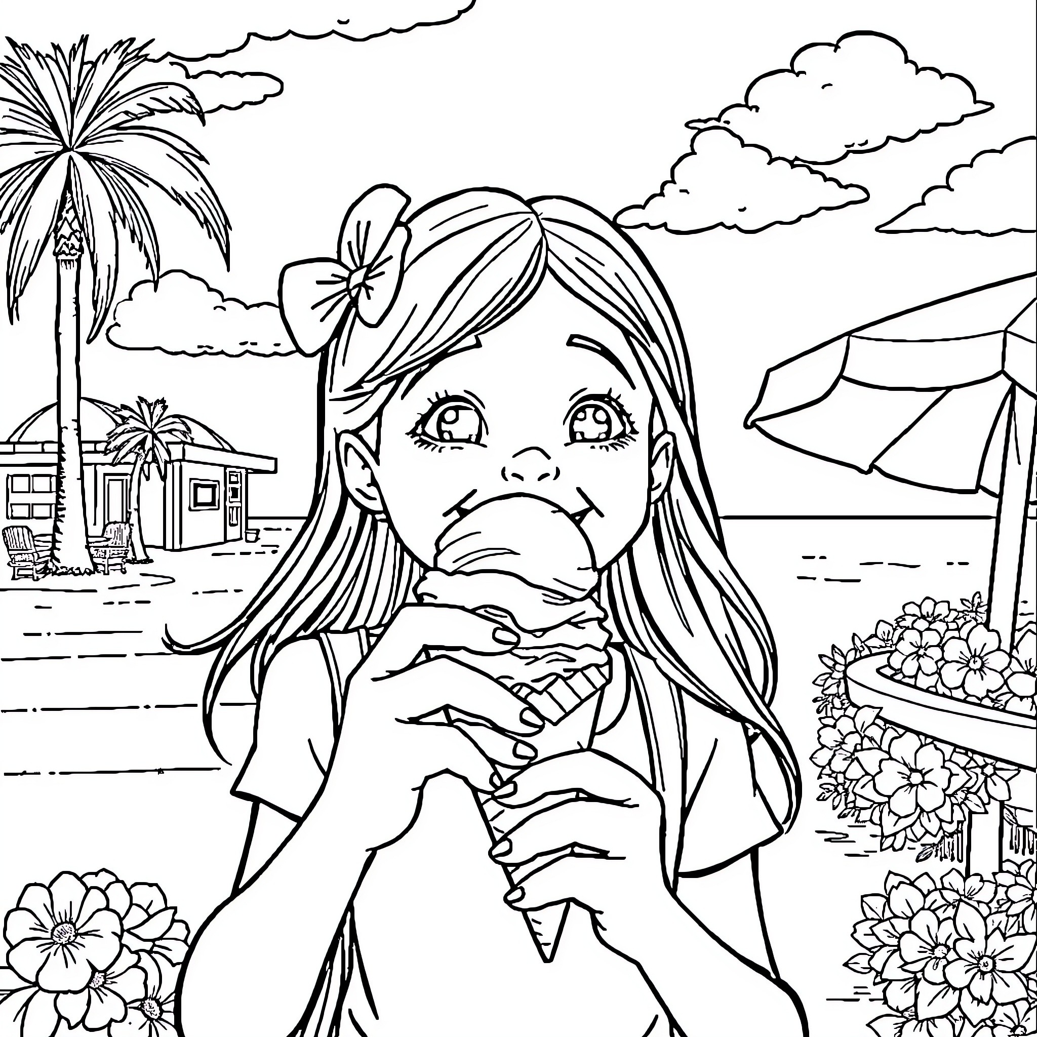 Girl eating ice cream at the beach Coloring Page (free black-and-white line drawing printable PDF for all, from beginners to advanced learners, including children, teens, adults, and seniors)
