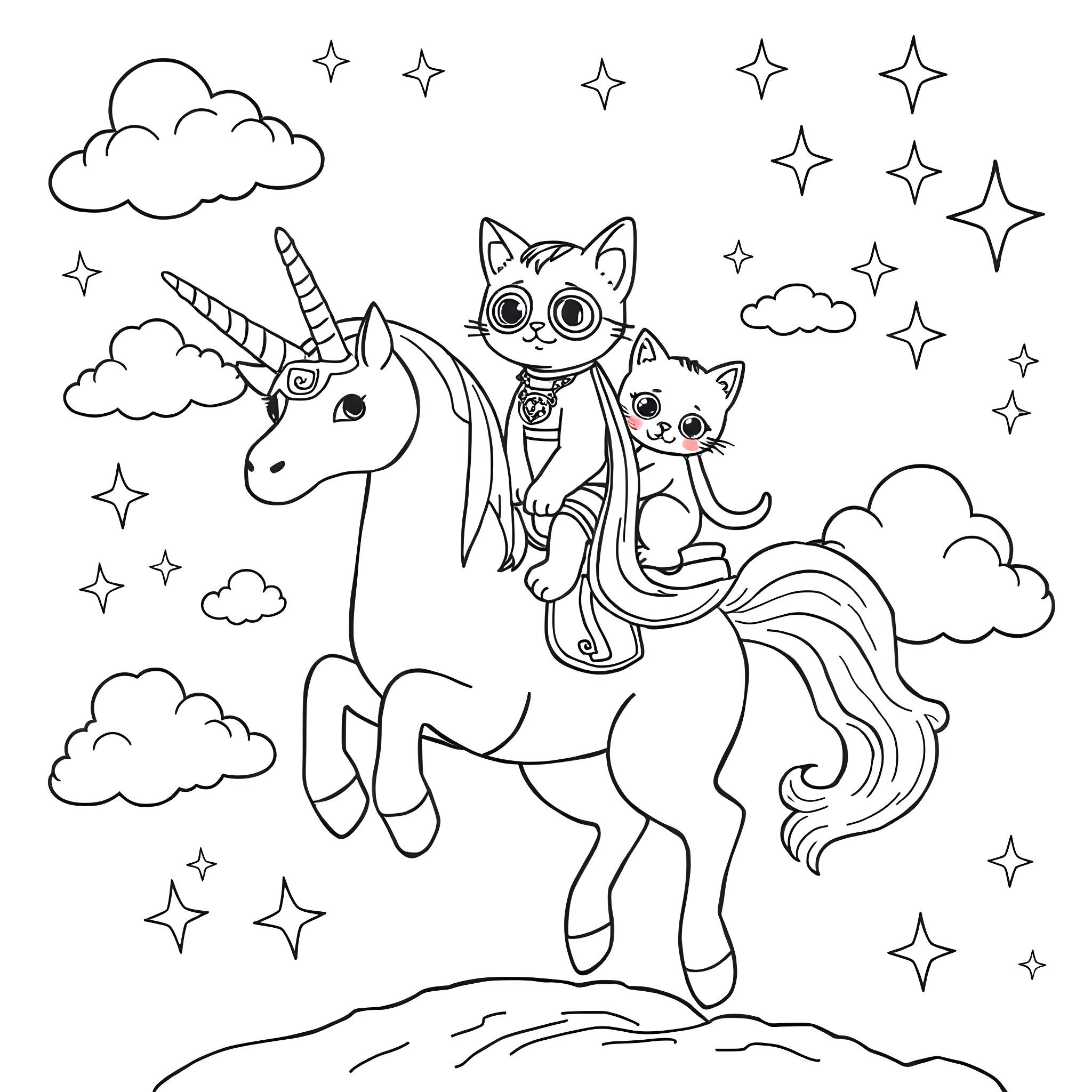 Kitty's magical adventure with unicorn and clouds Coloring Page (free black-and-white line drawing printable PDF for all, from beginners to advanced learners, including children, teens, adults, and seniors)
