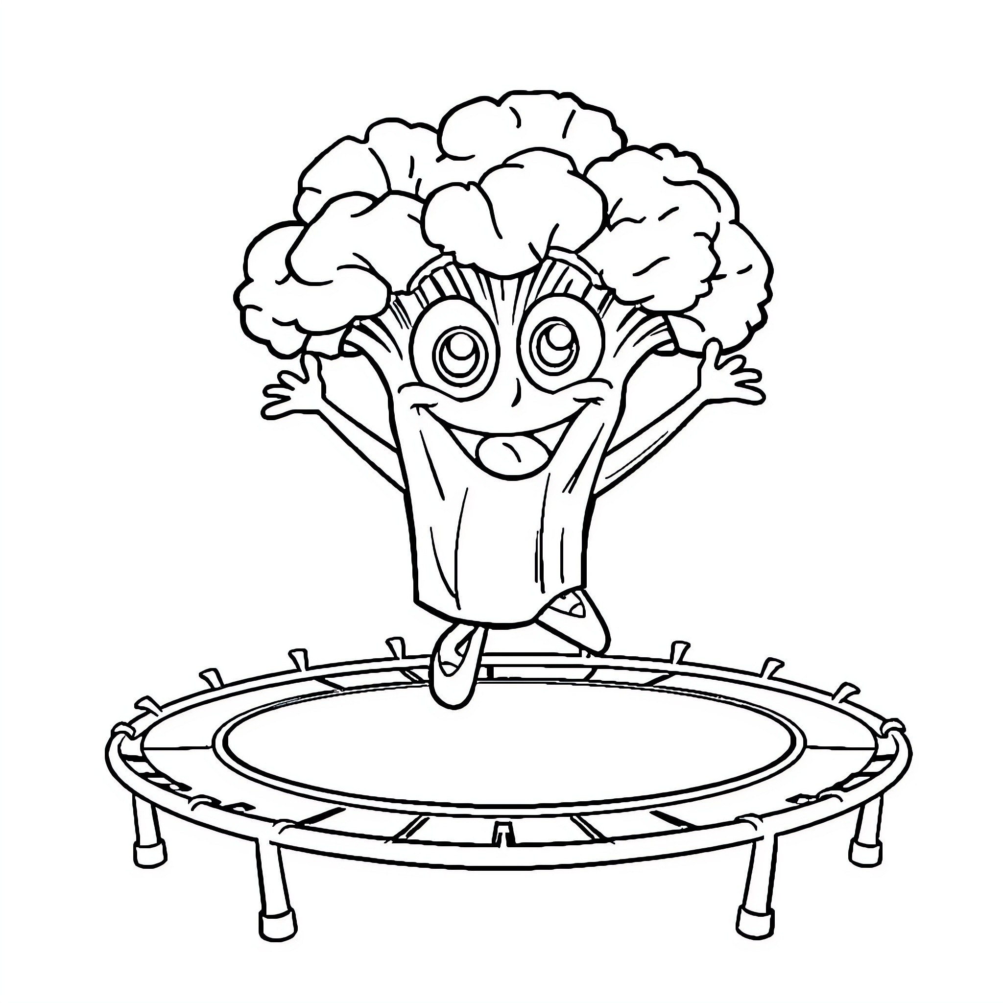 Broccoli bouncing happily on a trampoline Coloring Page (free black-and-white line drawing printable PDF for all, from beginners to advanced learners, including children, teens, adults, and seniors)