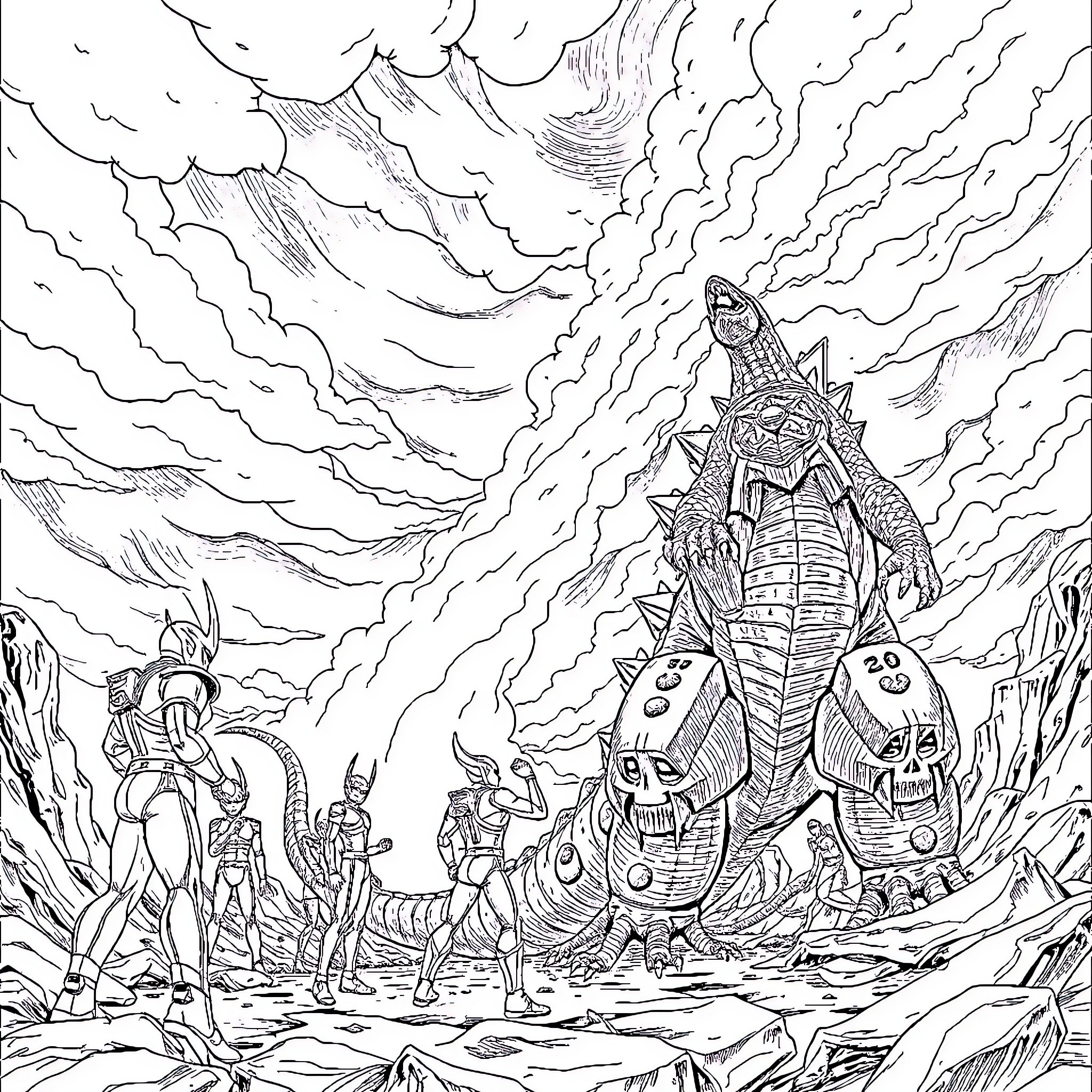Ultraman battles giant monstrous creature in surreal landscape Coloring Page (free black-and-white line drawing printable PDF for all, from beginners to advanced learners, including children, teens, adults, and seniors)