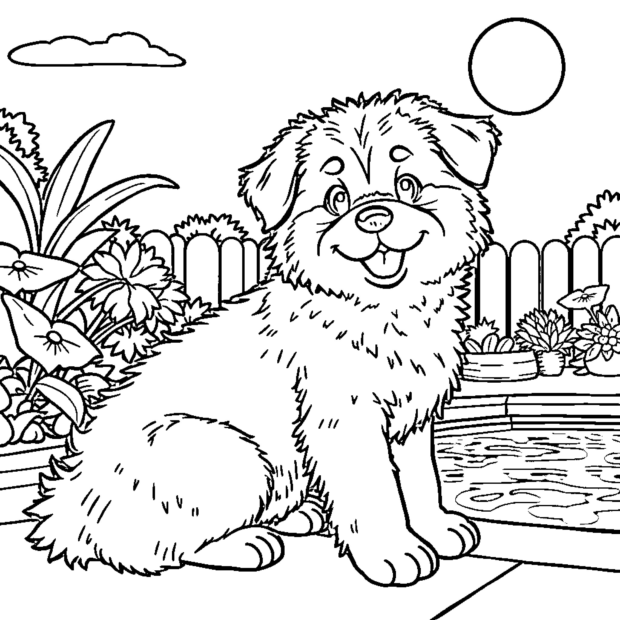 Dog enjoying the garden scenery Coloring Page (free black-and-white line drawing printable PDF for all, from beginners to advanced learners, including children, teens, adults, and seniors)
