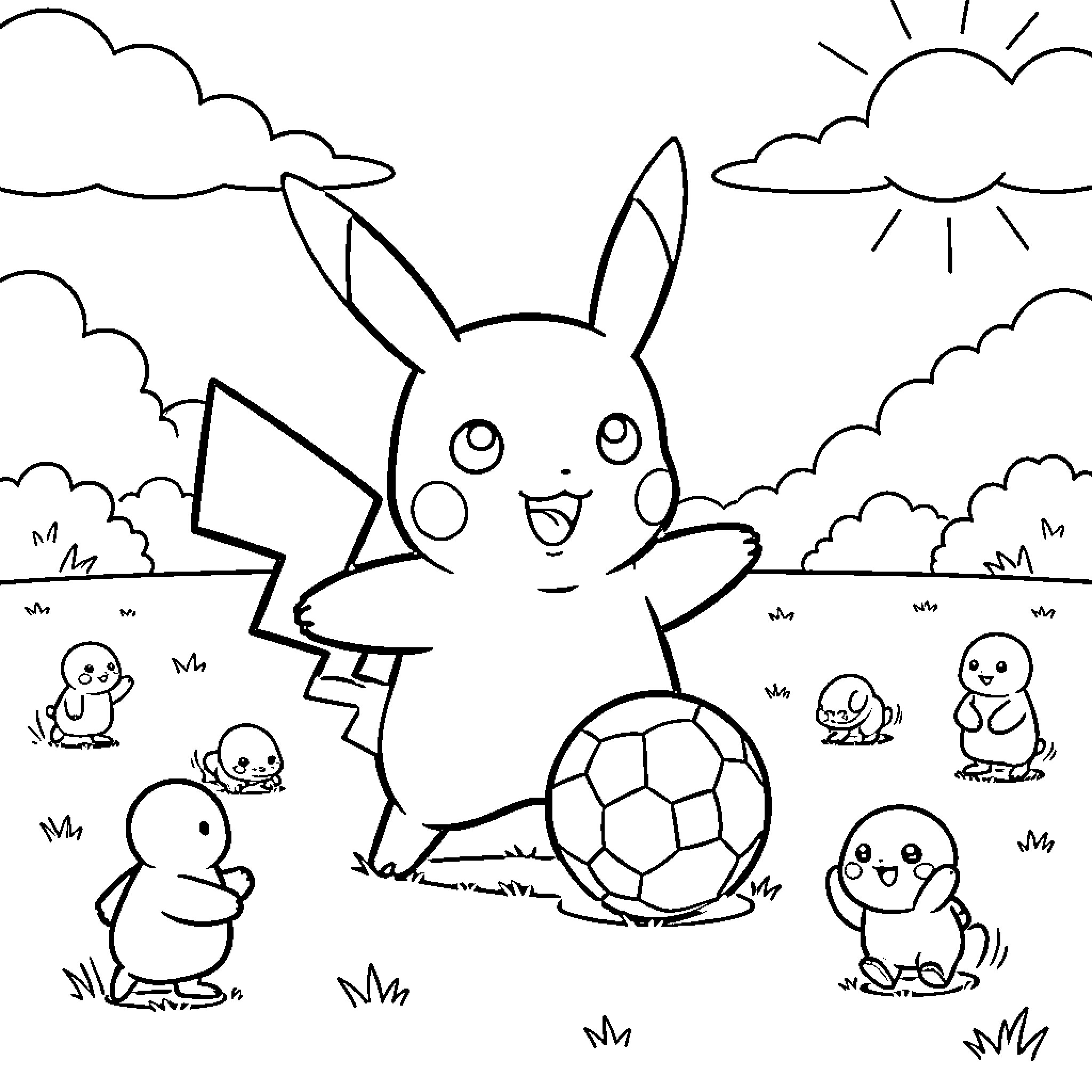 Pikachu playing with a soccer ball in the park Coloring Page (free black-and-white line drawing printable PDF for all, from beginners to advanced learners, including children, teens, adults, and seniors)