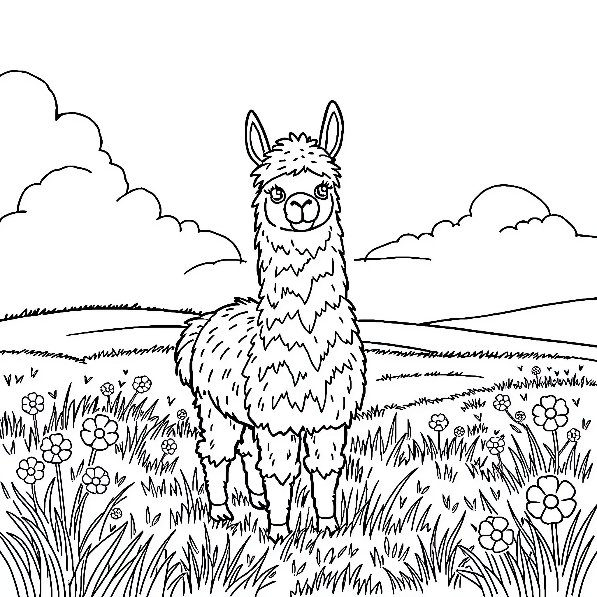 Llama enjoying a sunny day in the meadow Coloring Page (free black-and-white line drawing printable PDF for all, from beginners to advanced learners, including children, teens, adults, and seniors)