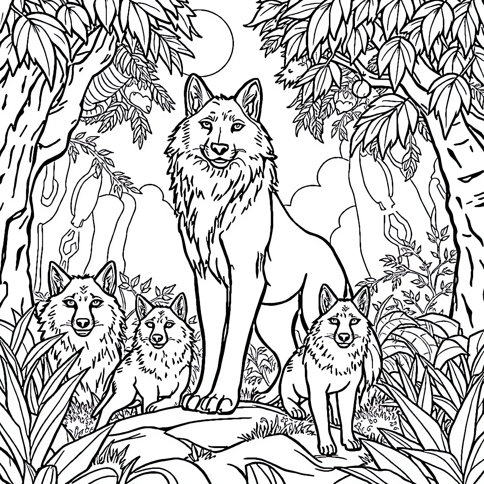 Akela and the wolf pack in the forest Coloring Page (free black-and-white line drawing printable PDF for all, from beginners to advanced learners, including children, teens, adults, and seniors)