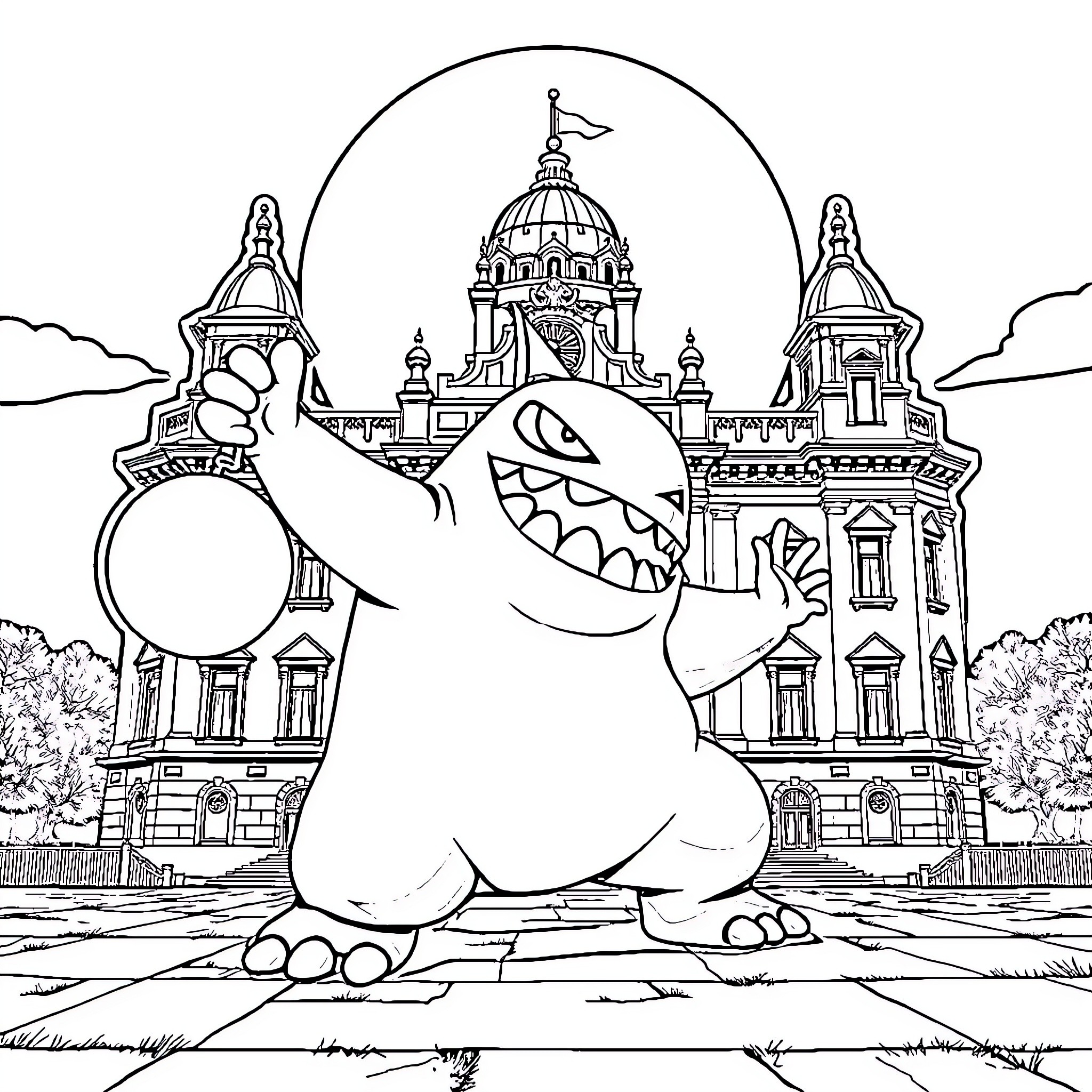 Gengar wreaking havoc in a city landscape Coloring Page (free black-and-white line drawing printable PDF for all, from beginners to advanced learners, including children, teens, adults, and seniors)