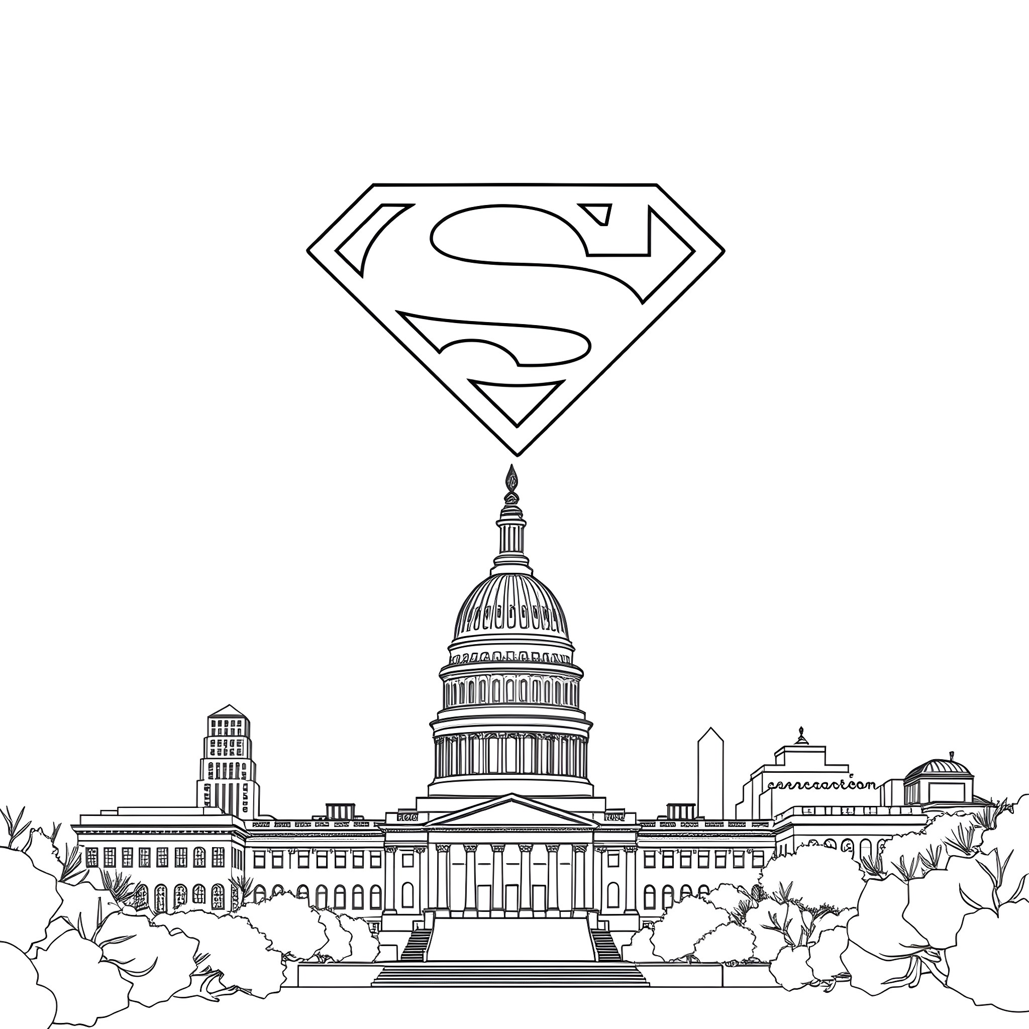 Superman protecting the United States Capitol building Coloring Page (free black-and-white line drawing printable PDF for all, from beginners to advanced learners, including children, teens, adults, and seniors)