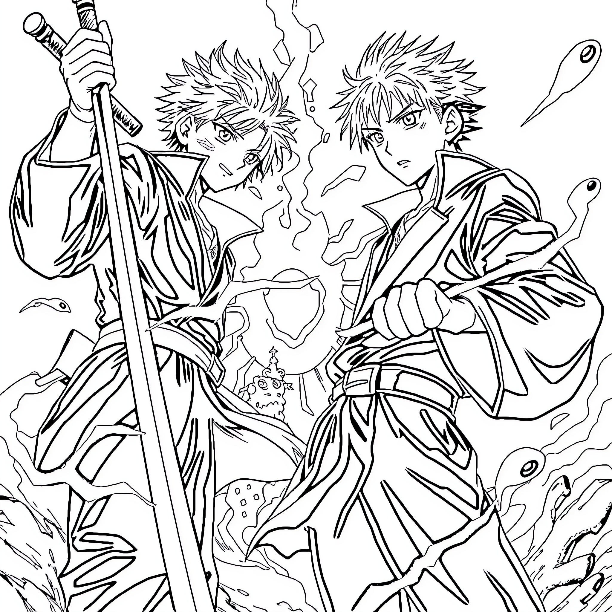 Jujutsu Kaisen: Intense Confrontation Between Powerful Characters Coloring Page (free black-and-white line drawing printable PDF for all, from beginners to advanced learners, including children, teens, adults, and seniors)