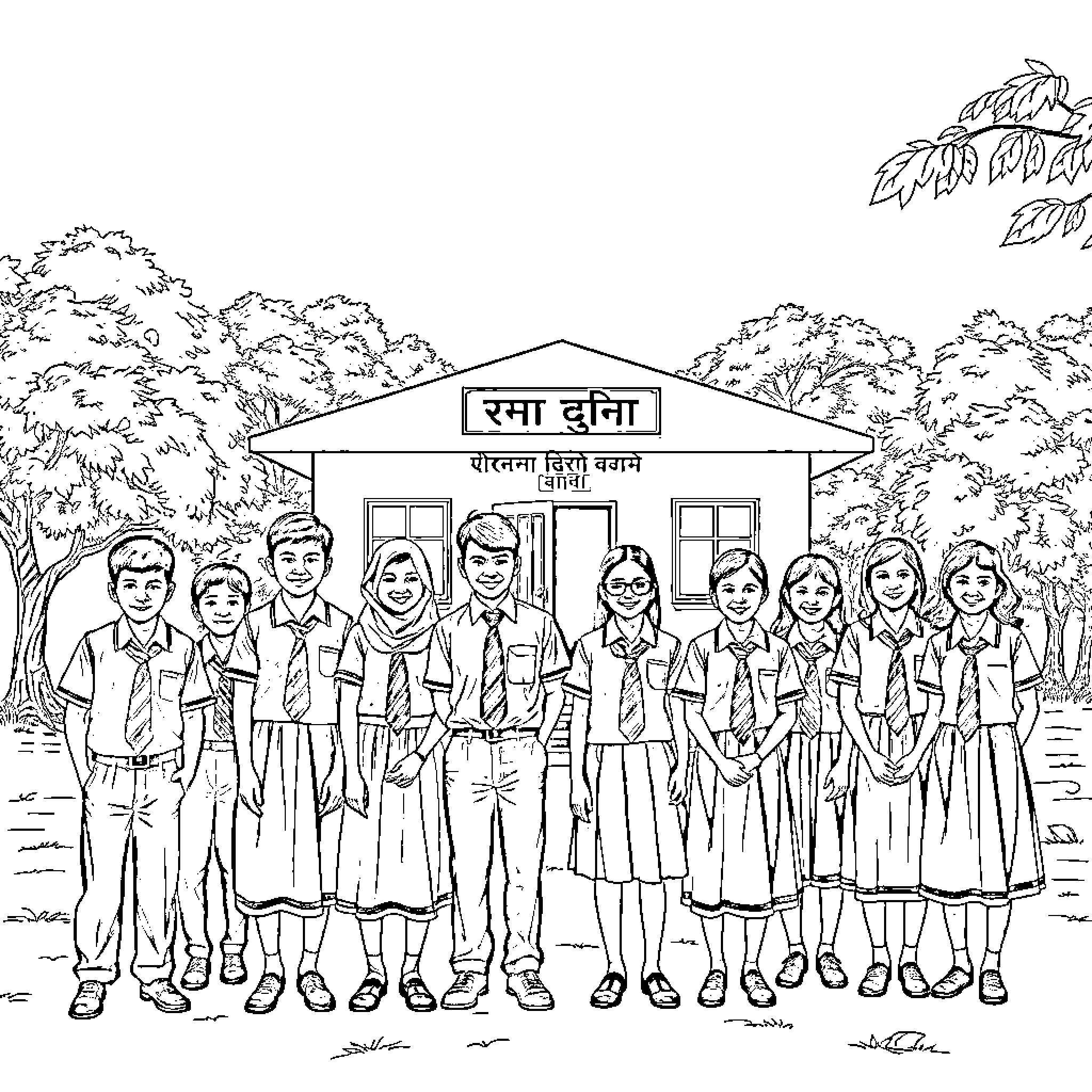 School students in uniforms standing outside classroom Coloring Page (free black-and-white line drawing printable PDF for all, from beginners to advanced learners, including children, teens, adults, and seniors)