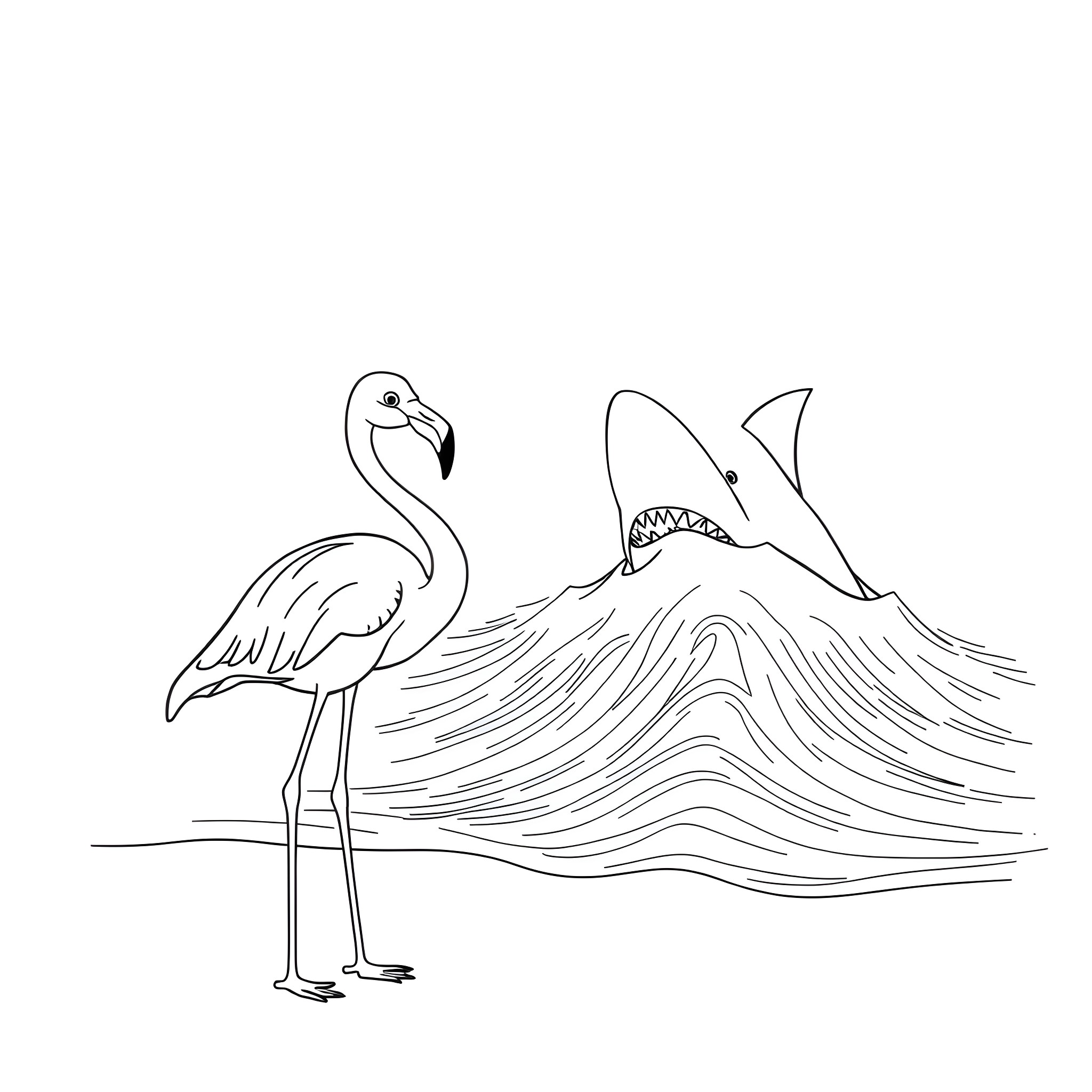 Flamingo and Shark in Coastal Landscape Coloring Page (free black-and-white line drawing printable PDF for all, from beginners to advanced learners, including children, teens, adults, and seniors)