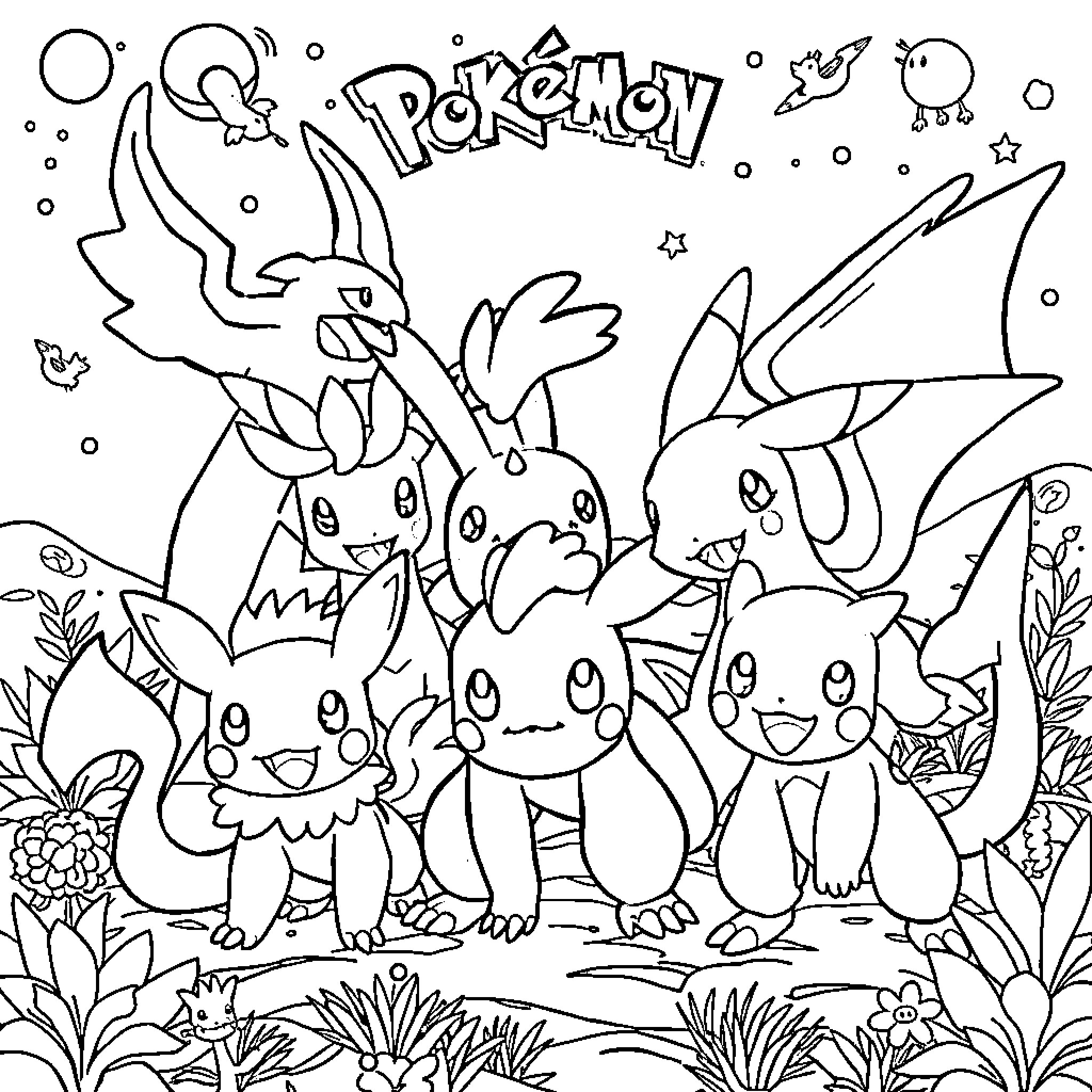 Pokémon characters in a fantastical natural setting Coloring Page (free black-and-white line drawing printable PDF for all, from beginners to advanced learners, including children, teens, adults, and seniors)