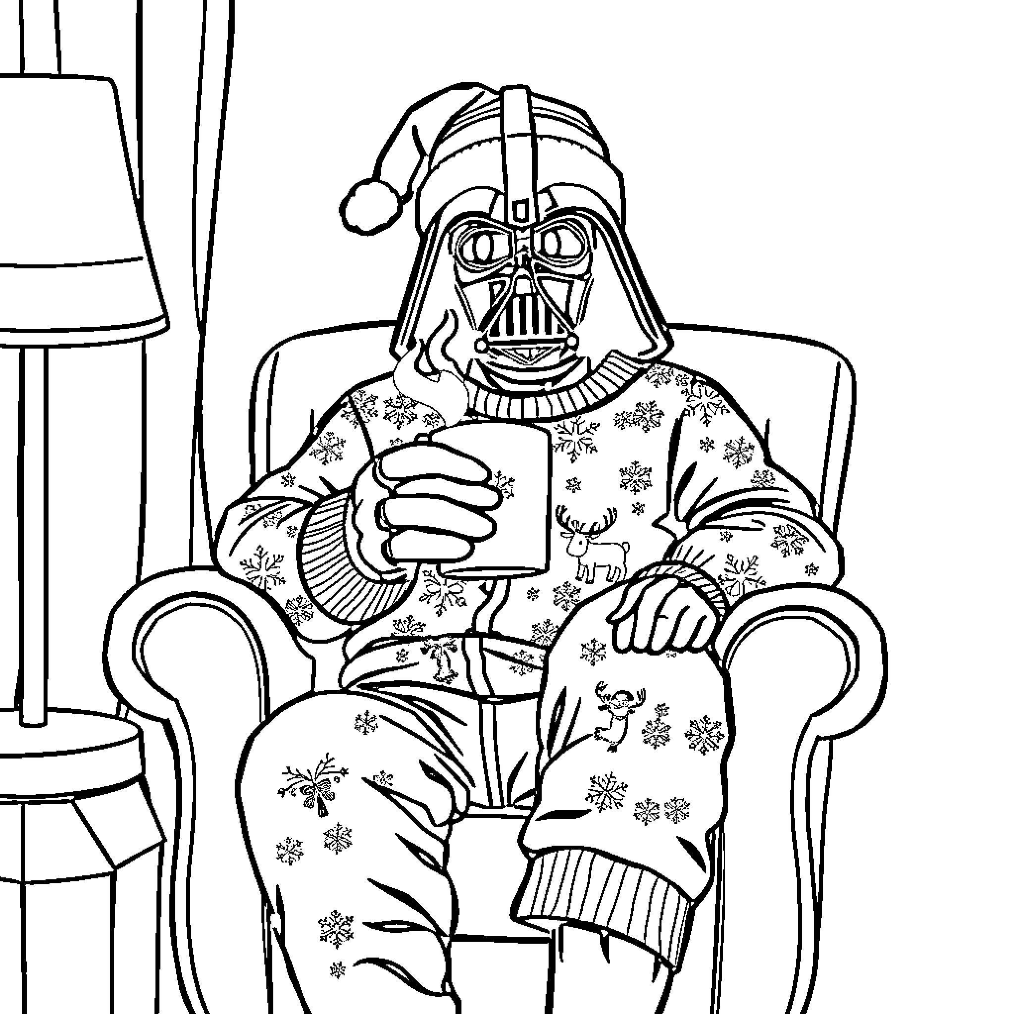 Darth Vader relaxing in cozy winter attire Coloring Page (free black-and-white line drawing printable PDF for all, from beginners to advanced learners, including children, teens, adults, and seniors)