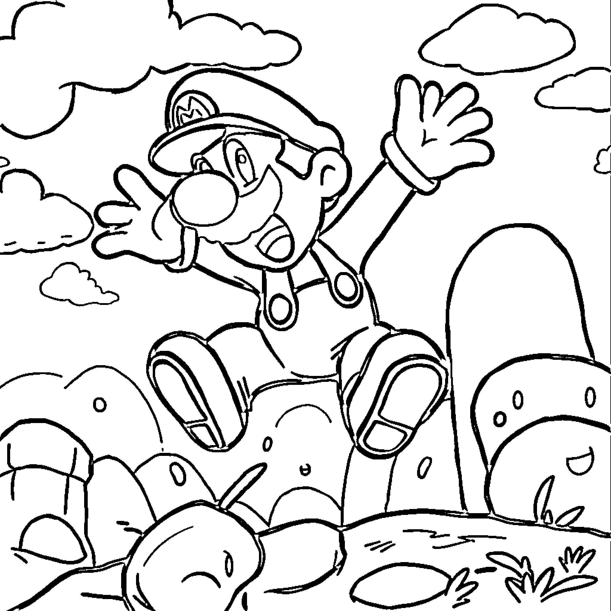 Mario jumping with excitement in the clouds Coloring Page (free black-and-white line drawing printable PDF for all, from beginners to advanced learners, including children, teens, adults, and seniors)