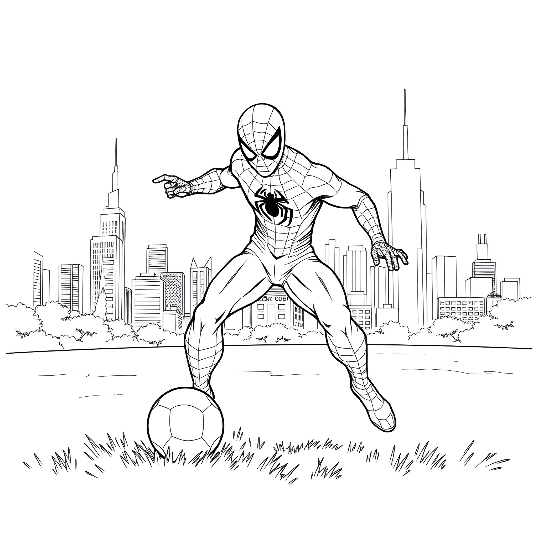 Spiderman swinging through the city skyline Coloring Page (free black-and-white line drawing printable PDF for all, from beginners to advanced learners, including children, teens, adults, and seniors)