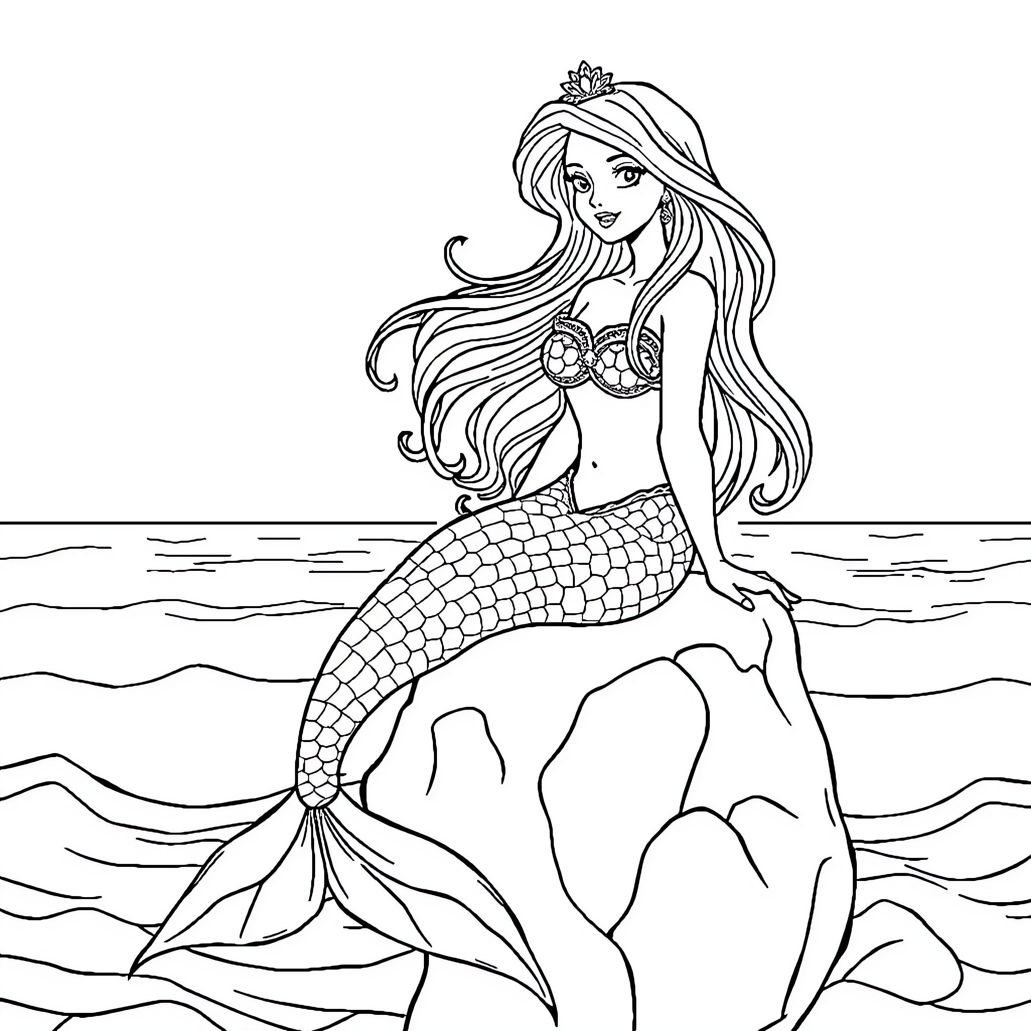 Mermaid princess sitting on a rock in the ocean Coloring Page (free black-and-white line drawing printable PDF for all, from beginners to advanced learners, including children, teens, adults, and seniors)