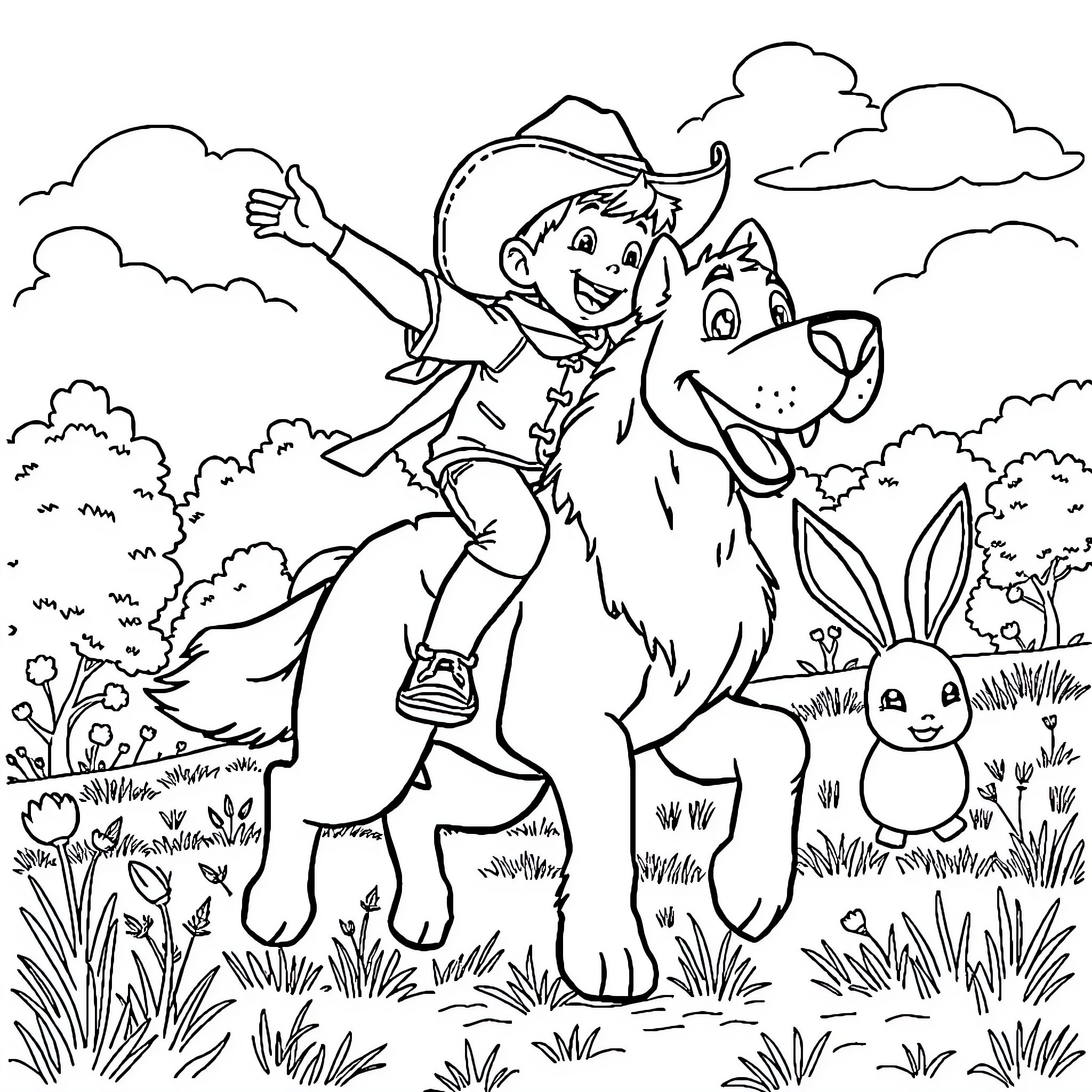 Boy riding happily on dog in natural setting Coloring Page (free black-and-white line drawing printable PDF for all, from beginners to advanced learners, including children, teens, adults, and seniors)