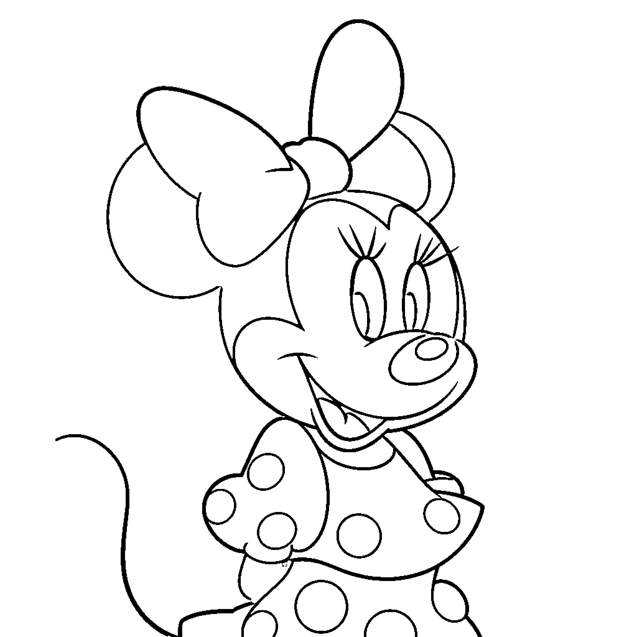 Minnie Mouse in a whimsical pose Coloring Page (free black-and-white line drawing printable PDF for all, from beginners to advanced learners, including children, teens, adults, and seniors)
