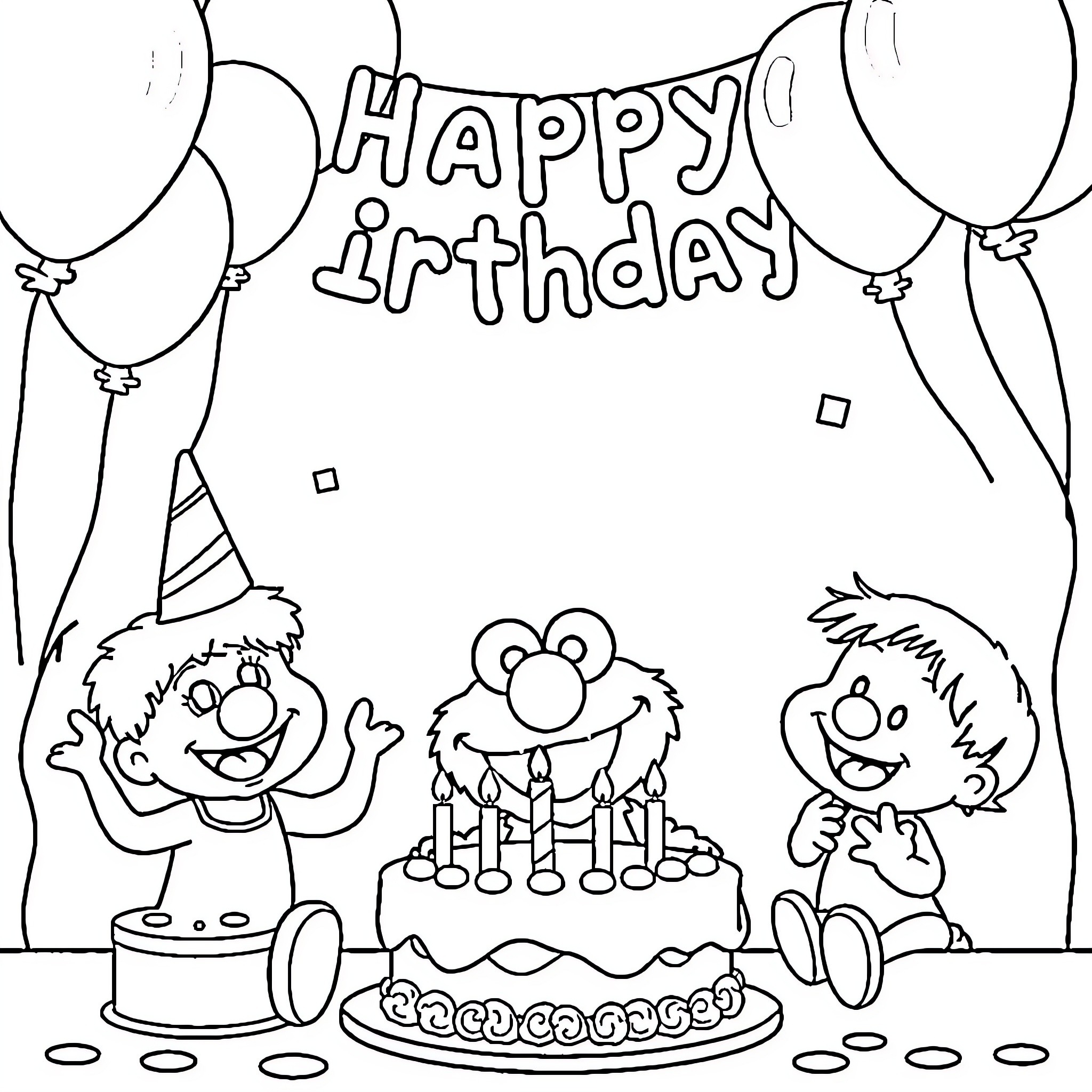 Elmo's Happy Birthday Celebration with Friends Coloring Page (free black-and-white line drawing printable PDF for all, from beginners to advanced learners, including children, teens, adults, and seniors)