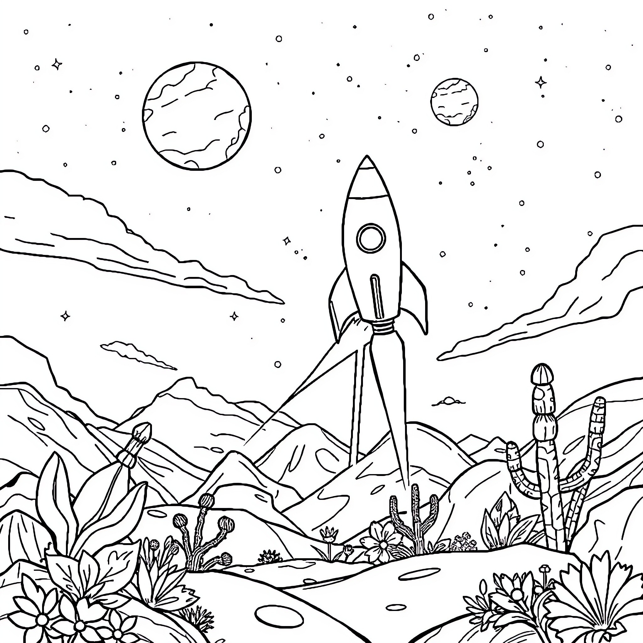 Rocket Ship launching into the starry cosmos Coloring Page (free black-and-white line drawing printable PDF for all, from beginners to advanced learners, including children, teens, adults, and seniors)