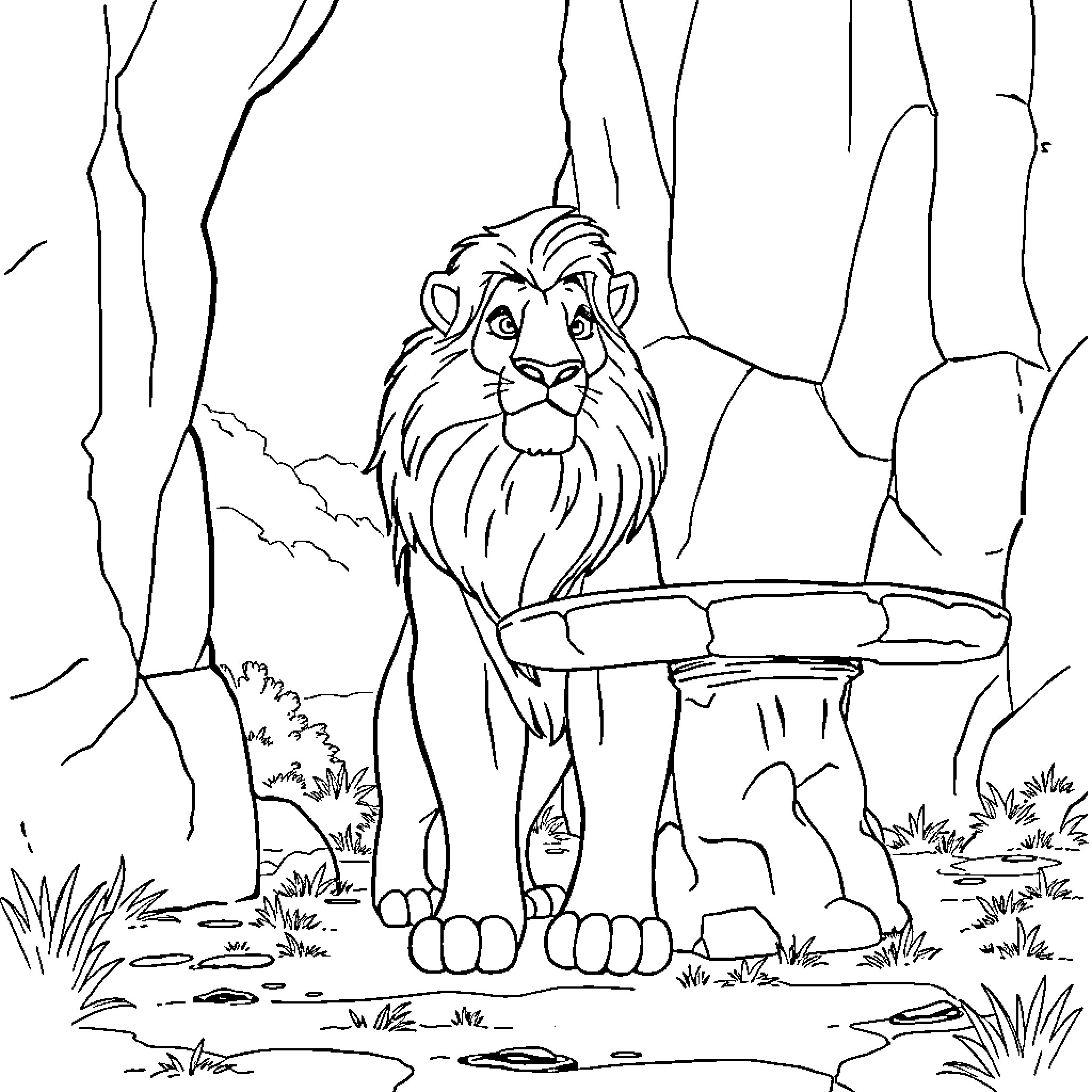 Aslan the noble lion in the wild landscape Coloring Page (free black-and-white line drawing printable PDF for all, from beginners to advanced learners, including children, teens, adults, and seniors)