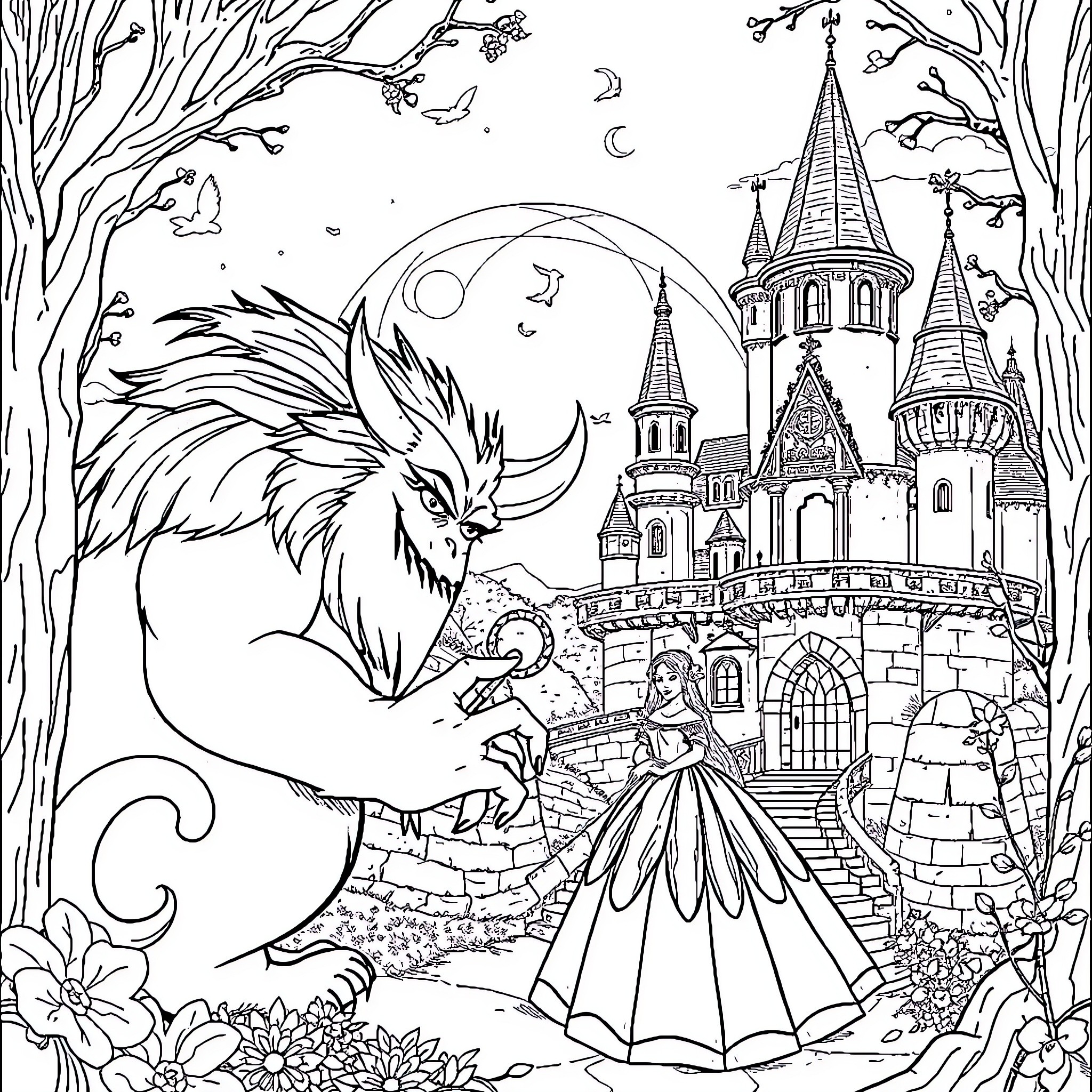 Beauty And The Beast: Enchanted Castle and Mythical Creature Coloring Page (free black-and-white line drawing printable PDF for all, from beginners to advanced learners, including children, teens, adults, and seniors)