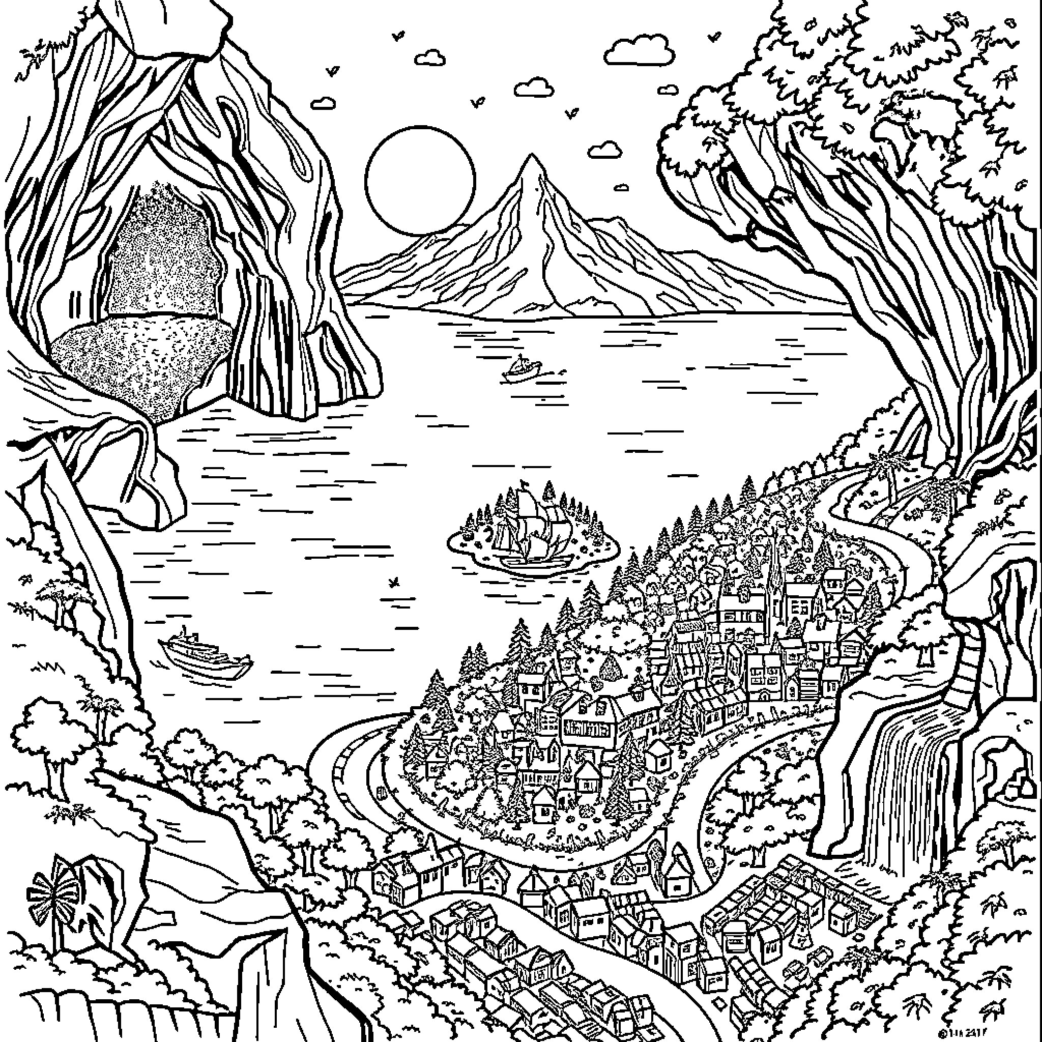 Maze of Mountainous Landscape and Seaside Town Coloring Page (free black-and-white line drawing printable PDF for all, from beginners to advanced learners, including children, teens, adults, and seniors)