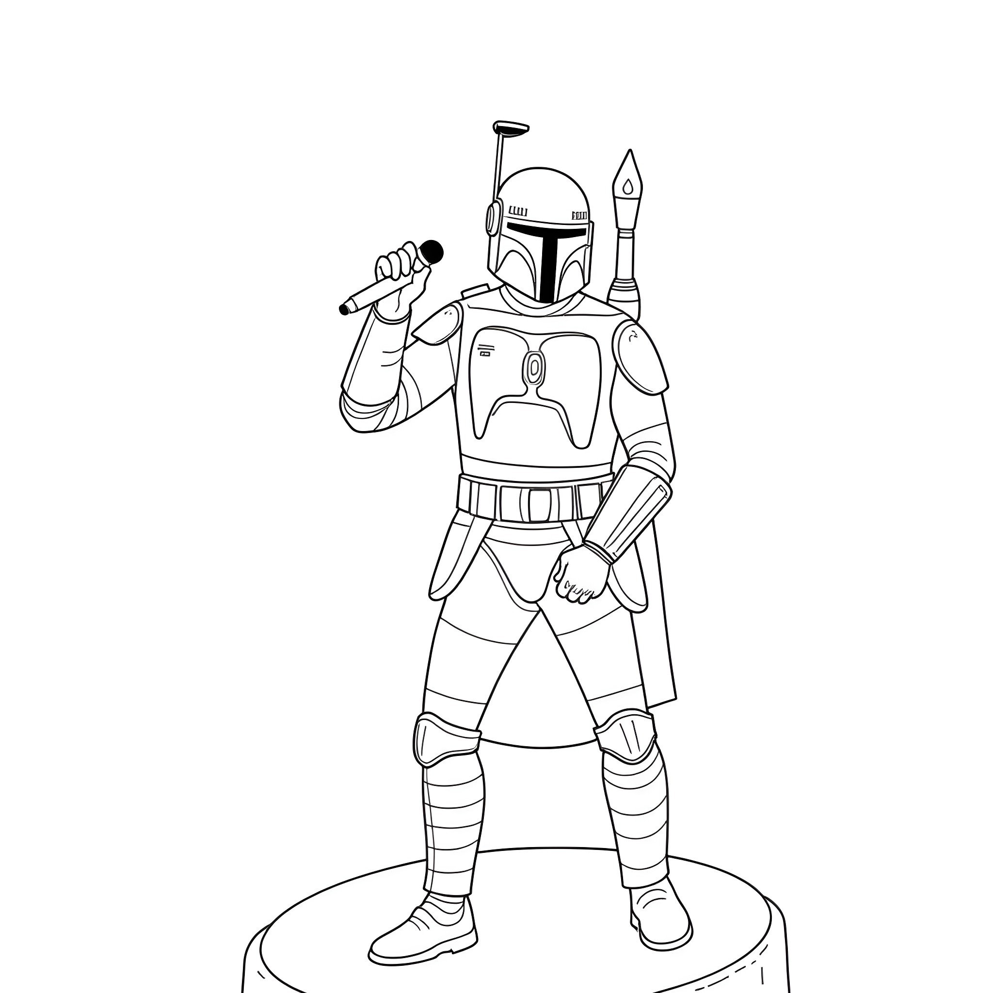 Boba Fett Standing Tall in Iconic Bounty Hunter Gear Coloring Page (free black-and-white line drawing printable PDF for all, from beginners to advanced learners, including children, teens, adults, and seniors)