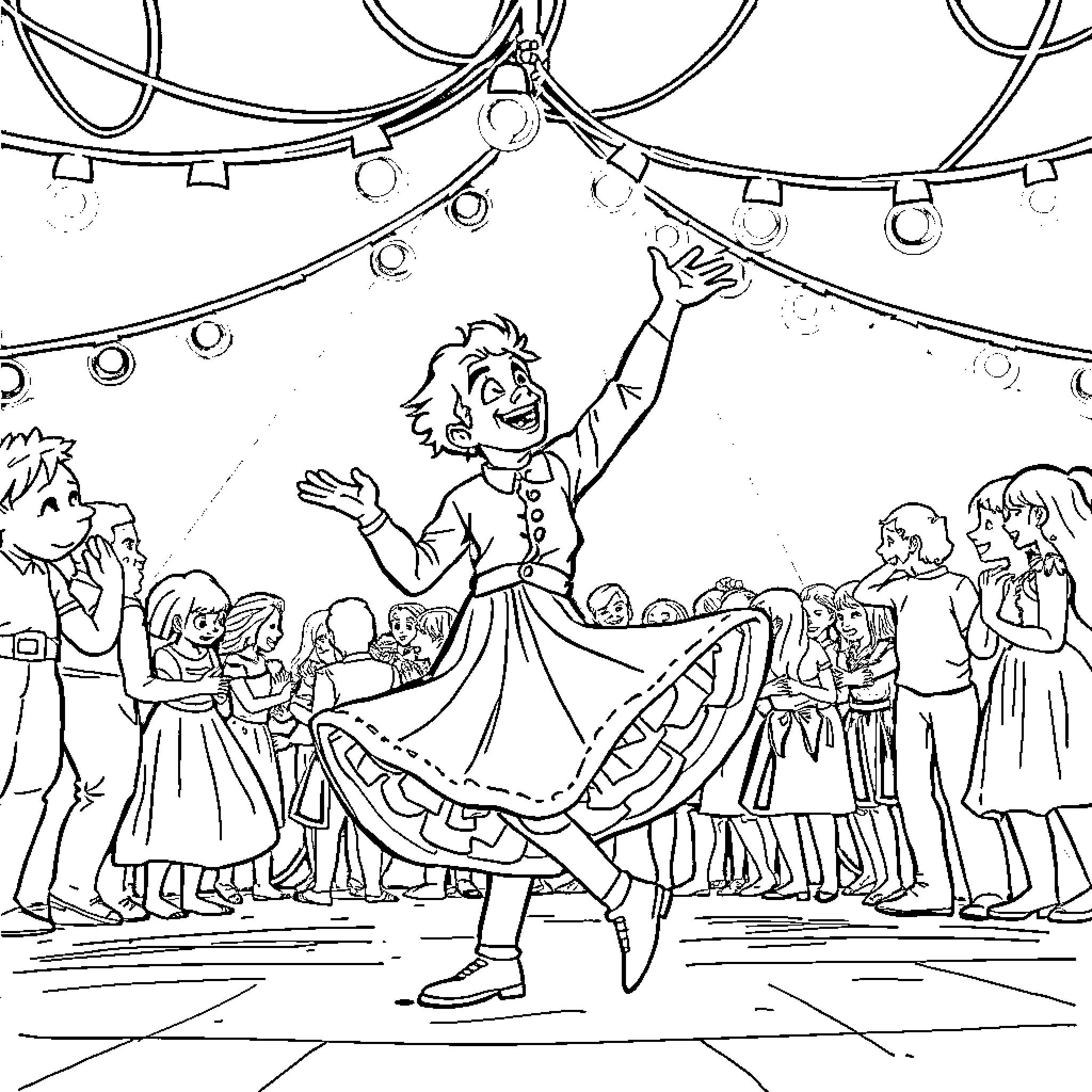 Tulio Traviño performing joyfully on stage with crowd Coloring Page (free black-and-white line drawing printable PDF for all, from beginners to advanced learners, including children, teens, adults, and seniors)
