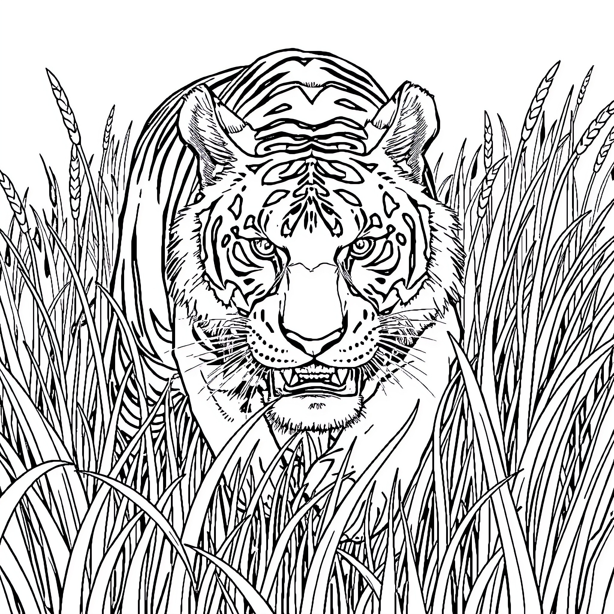 Tiger Gazing Intently from Lush Vegetation Coloring Page (free black-and-white line drawing printable PDF for all, from beginners to advanced learners, including children, teens, adults, and seniors)