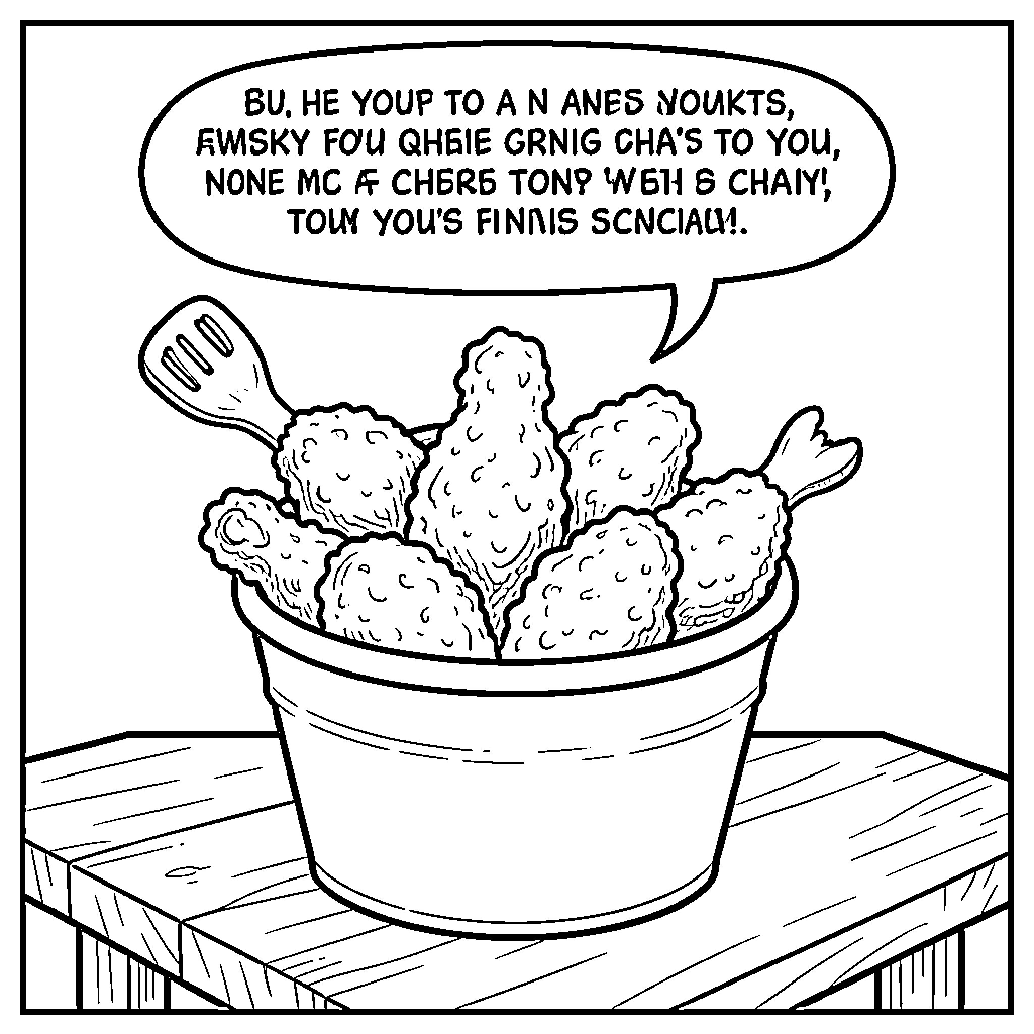 Bucket filled with crispy fried chicken pieces Coloring Page (free black-and-white line drawing printable PDF for all, from beginners to advanced learners, including children, teens, adults, and seniors)