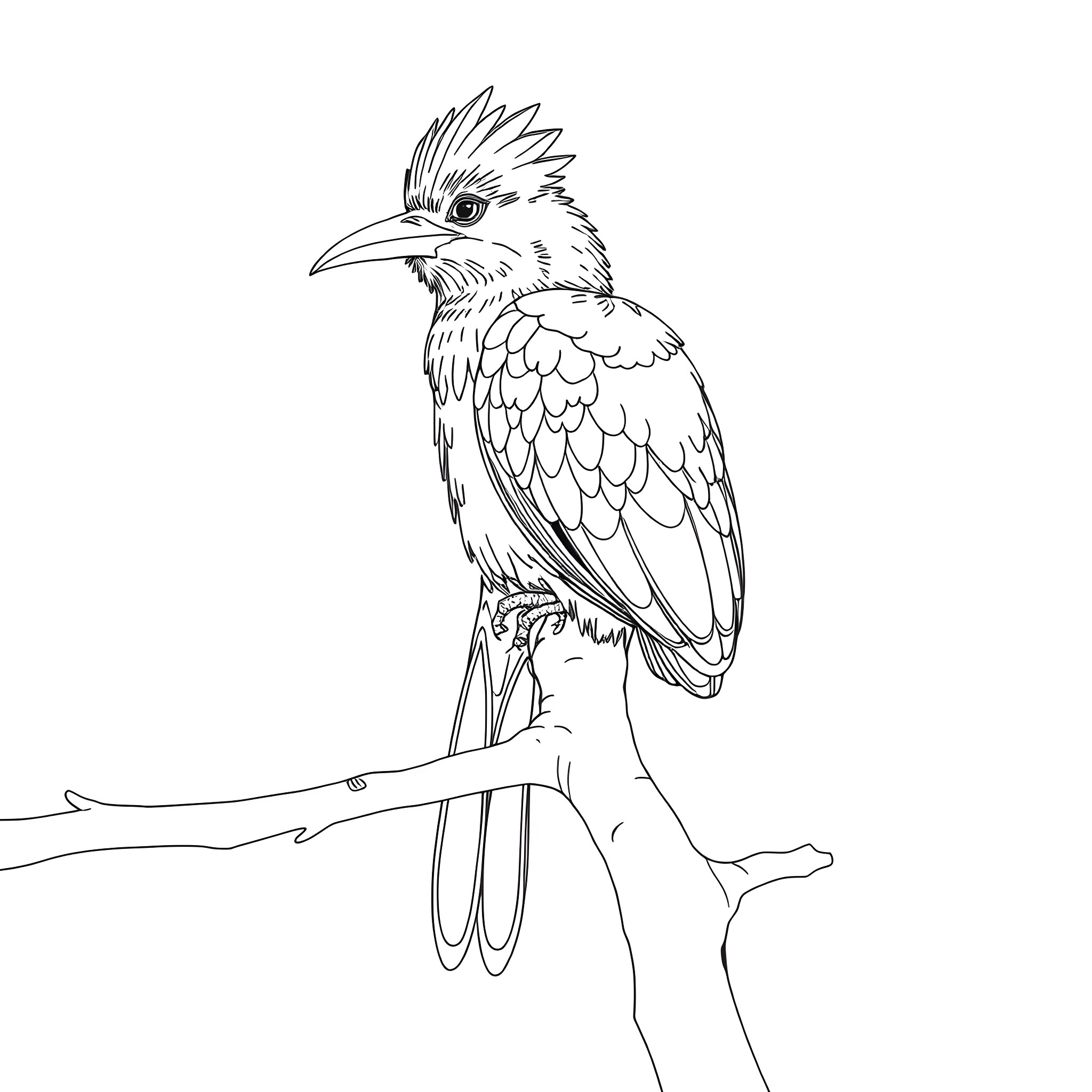 Eudocimus perching on branch Coloring Page (free black-and-white line drawing printable PDF for all, from beginners to advanced learners, including children, teens, adults, and seniors)