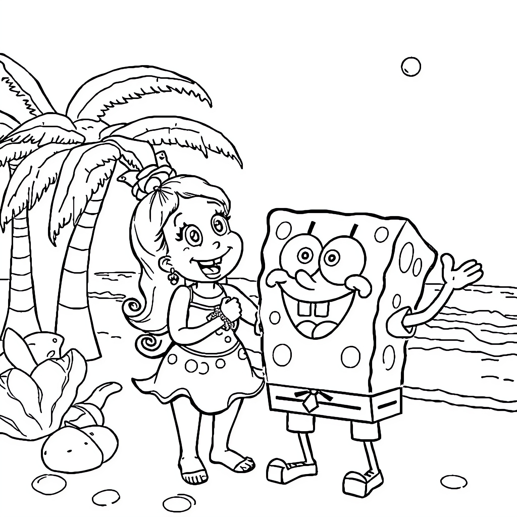 Lilo and SpongeBob playing together on the beach Coloring Page (free black-and-white line drawing printable PDF for all, from beginners to advanced learners, including children, teens, adults, and seniors)