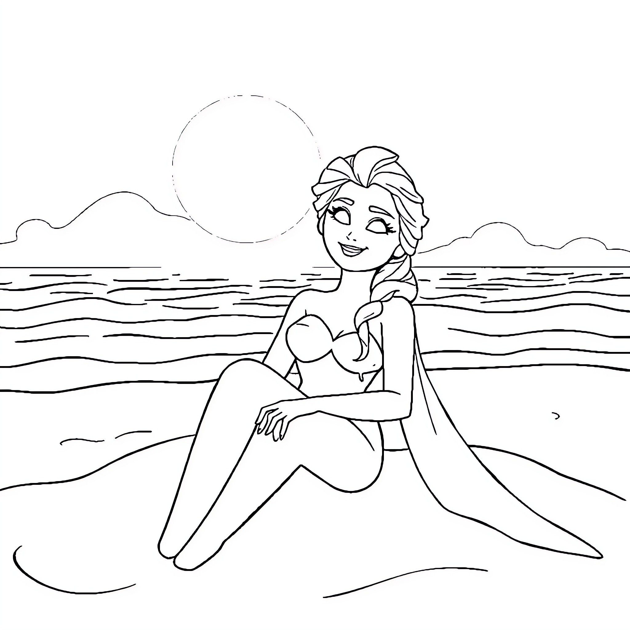 Elsa relaxing on the beach during sunset Coloring Page (free black-and-white line drawing printable PDF for all, from beginners to advanced learners, including children, teens, adults, and seniors)