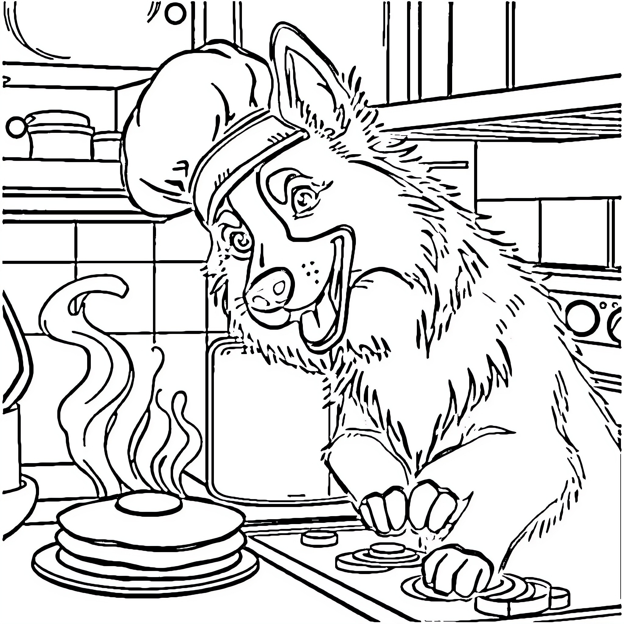 Border Collie Cooking a Meal in the Kitchen Coloring Page (free black-and-white line drawing printable PDF for all, from beginners to advanced learners, including children, teens, adults, and seniors)
