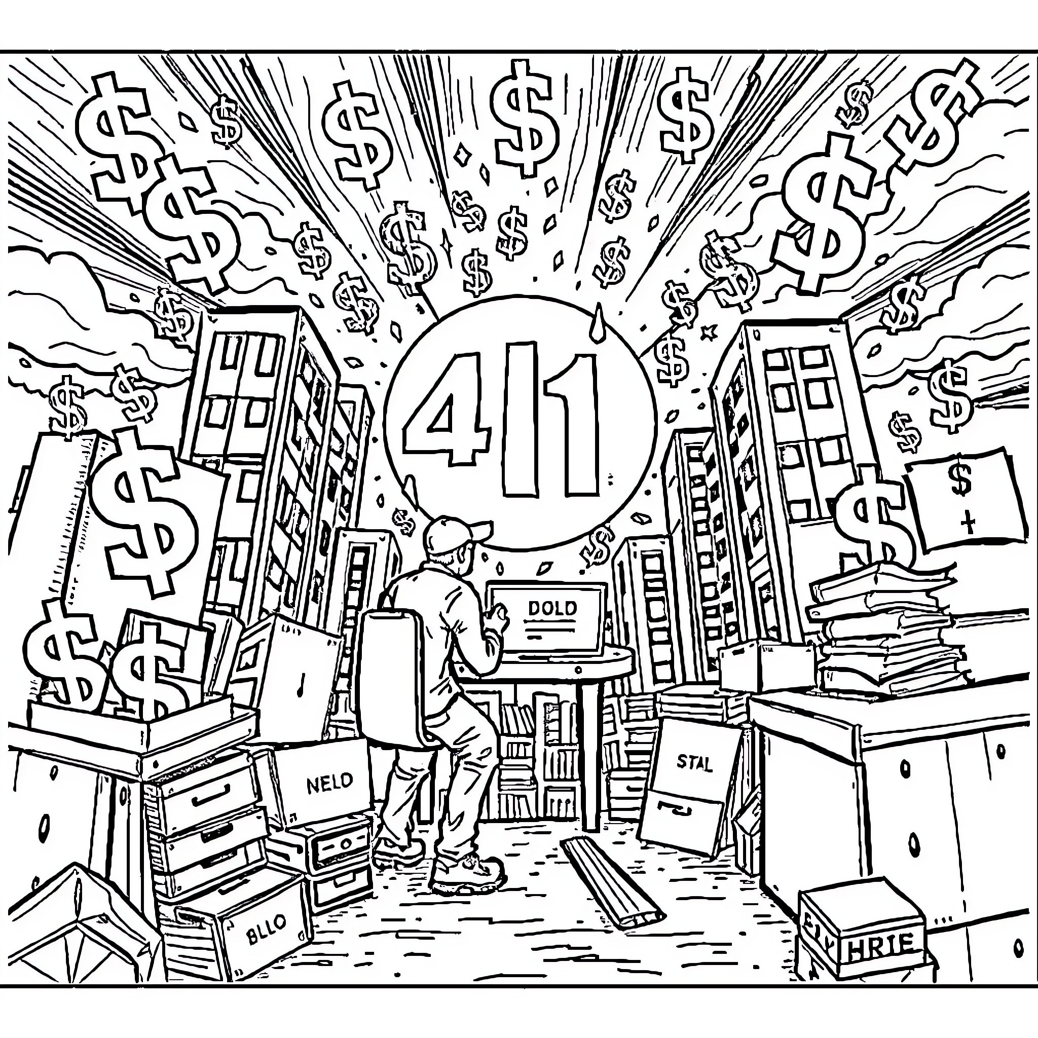Dollar Sign Explosion in Urban Financial District Coloring Page (free black-and-white line drawing printable PDF for all, from beginners to advanced learners, including children, teens, adults, and seniors)