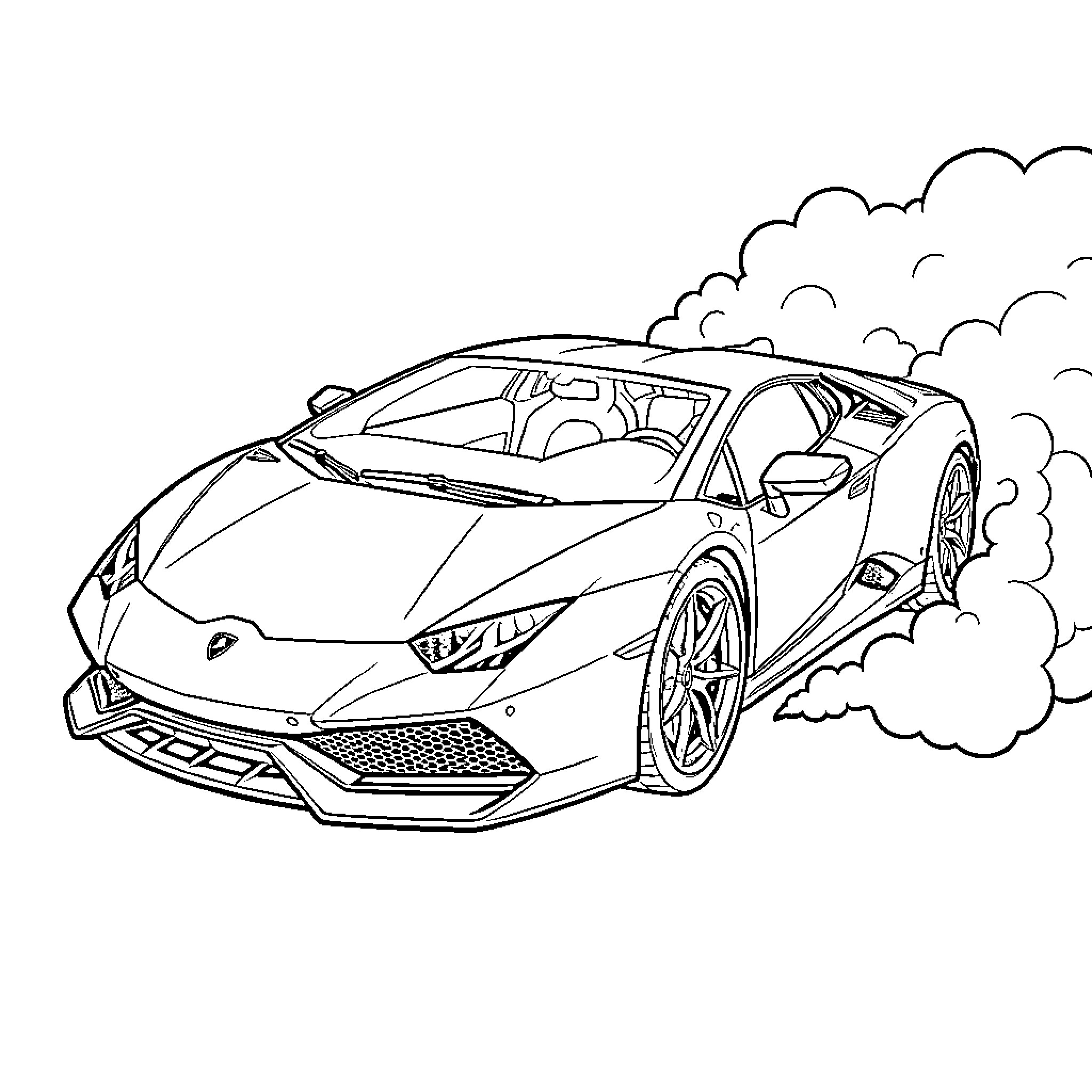 Lambo speeding through the clouds Coloring Page (free black-and-white line drawing printable PDF for all, from beginners to advanced learners, including children, teens, adults, and seniors)