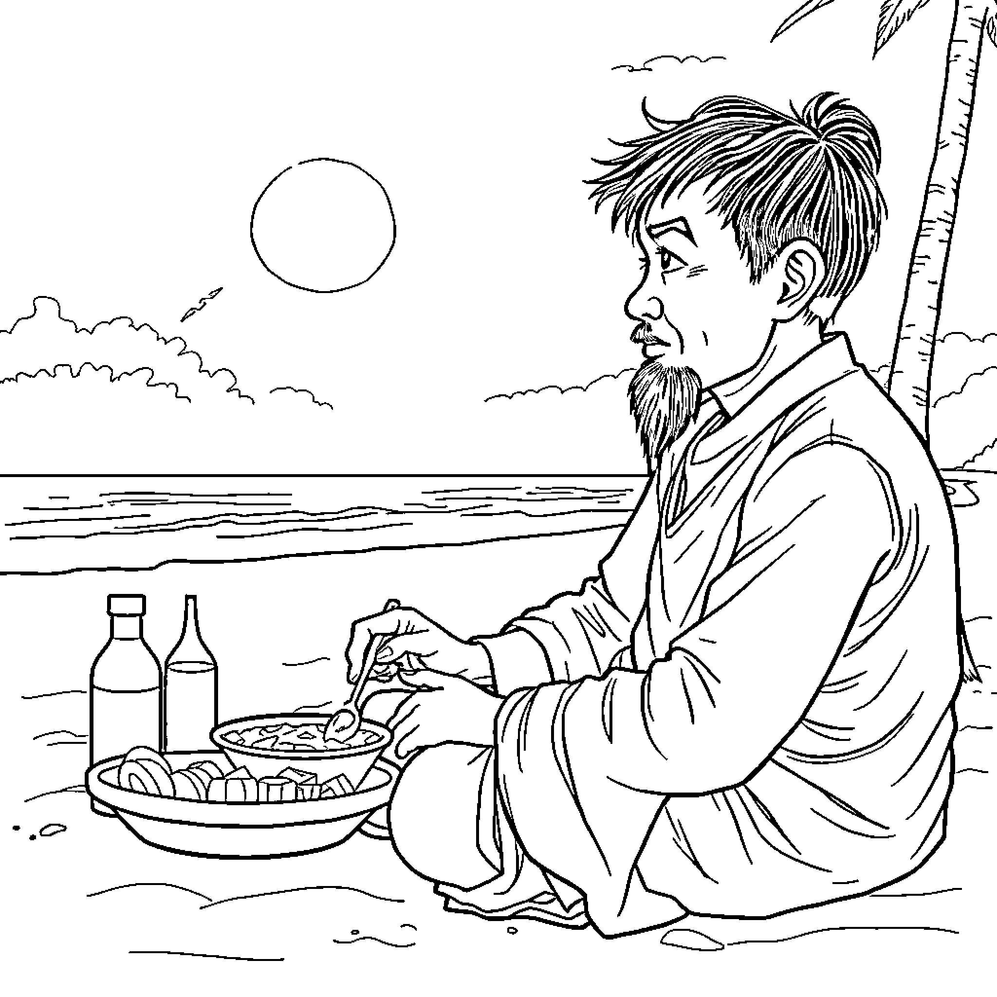 Tung Tung's Peaceful Picnic by the Seaside Coloring Page (free black-and-white line drawing printable PDF for all, from beginners to advanced learners, including children, teens, adults, and seniors)