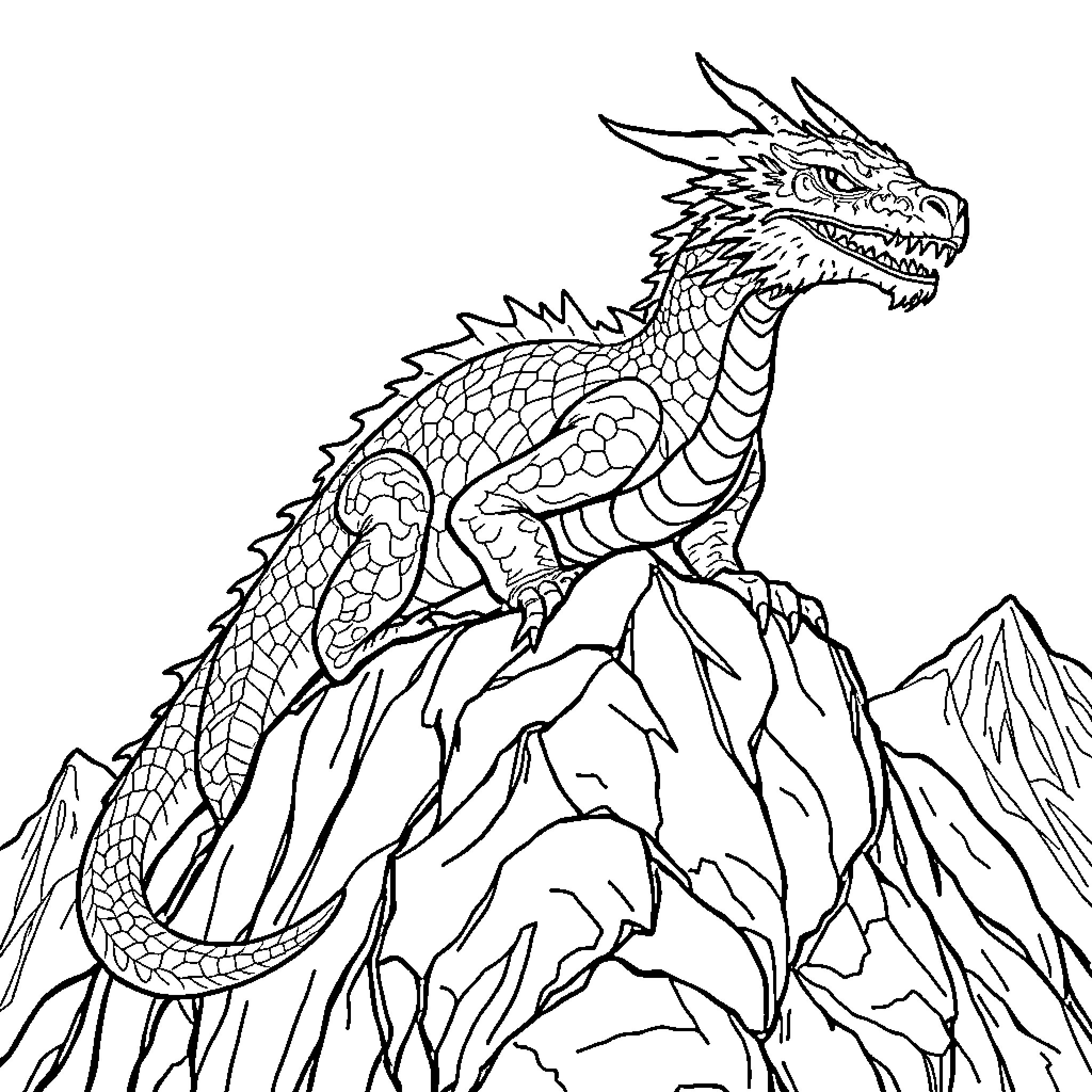 Dragon Perched Atop Rugged Mountain Peaks Coloring Page (free black-and-white line drawing printable PDF for all, from beginners to advanced learners, including children, teens, adults, and seniors)