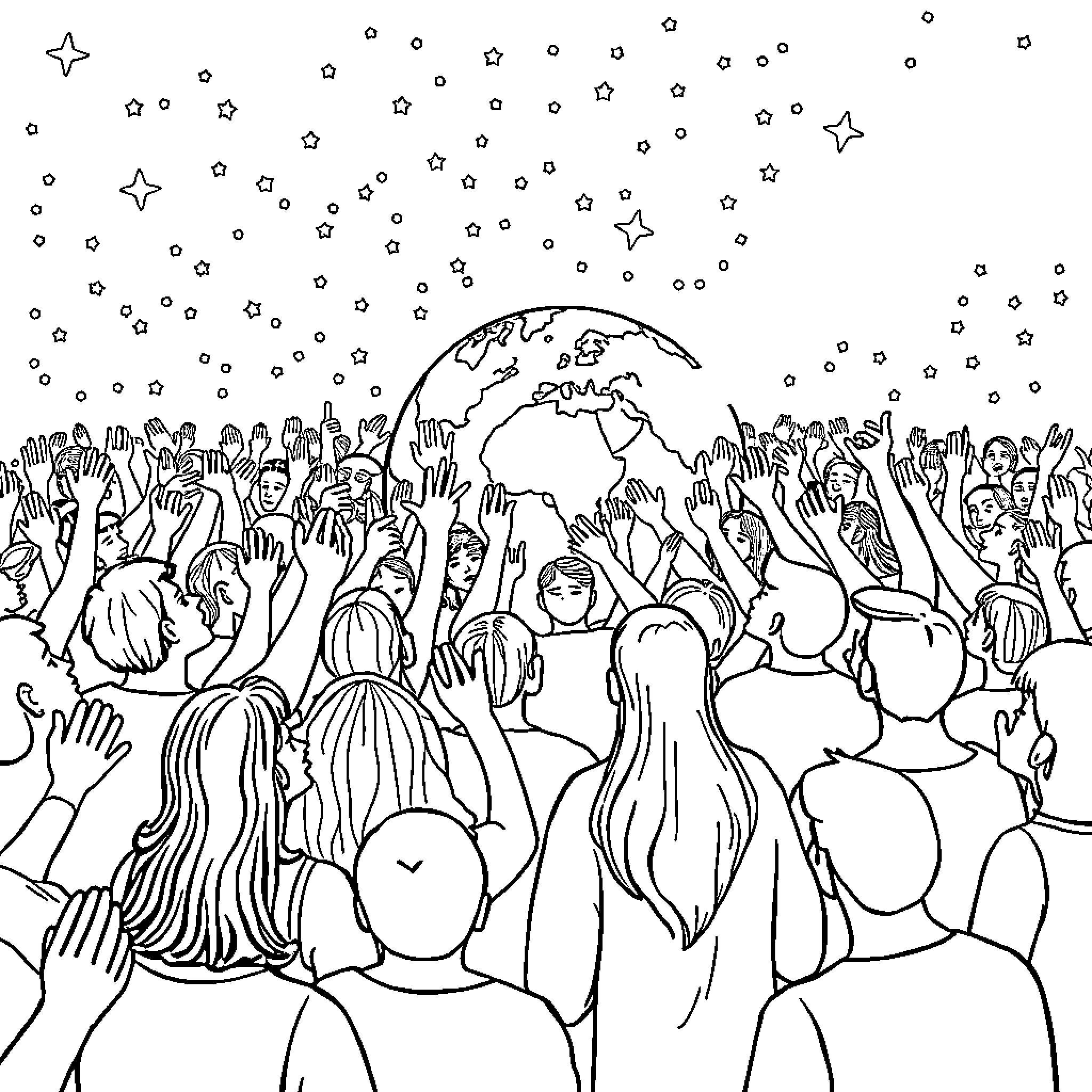 World Gathering of Diverse People Celebrating Coloring Page (free black-and-white line drawing printable PDF for all, from beginners to advanced learners, including children, teens, adults, and seniors)