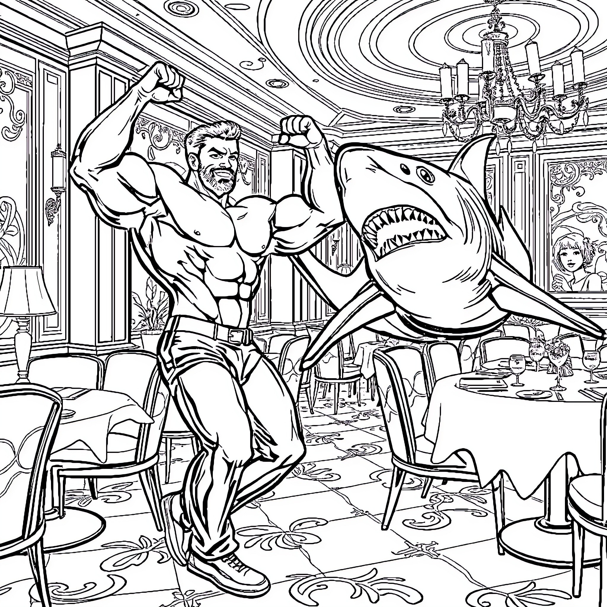 Bodybuilder fighting against a giant shark in a fancy restaurant Coloring Page (free black-and-white line drawing printable PDF for all, from beginners to advanced learners, including children, teens, adults, and seniors)