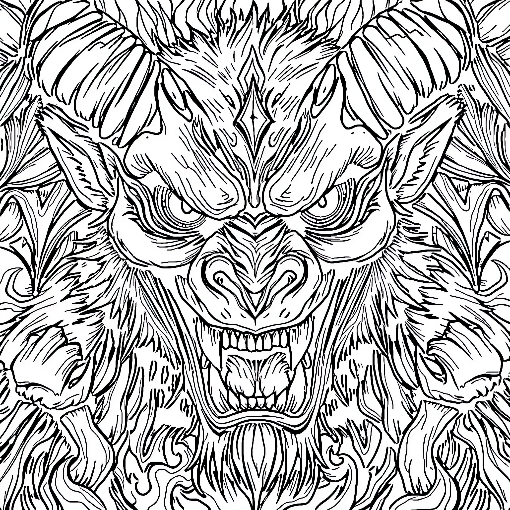 Demon's Terrifying Visage: A Striking Monochrome Illustration Coloring Page (free black-and-white line drawing printable PDF for all, from beginners to advanced learners, including children, teens, adults, and seniors)