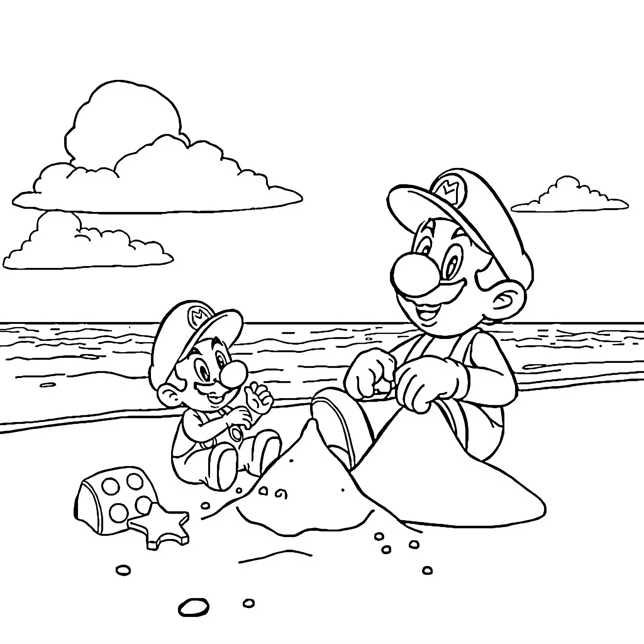 Mario and Luigi playing on the beach Coloring Page (free black-and-white line drawing printable PDF for all, from beginners to advanced learners, including children, teens, adults, and seniors)