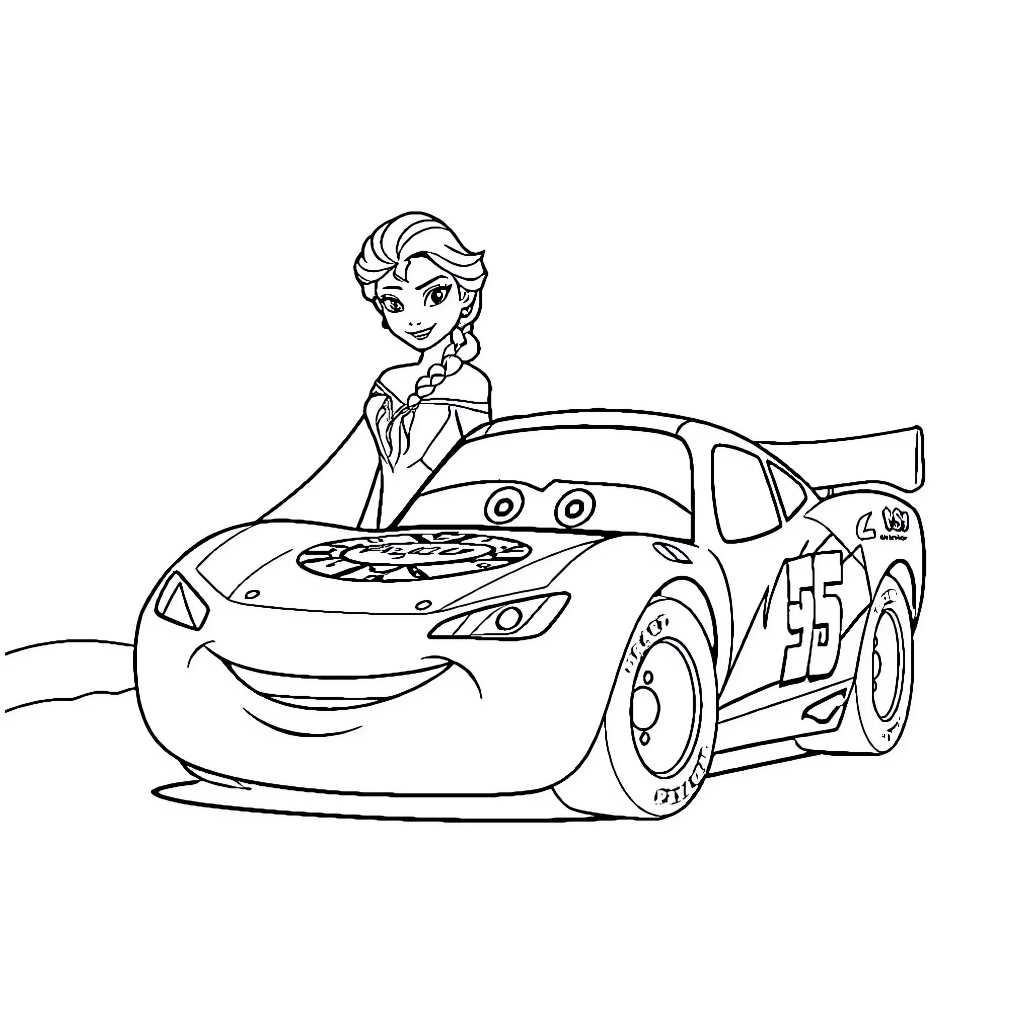 Snow Queen and her Magical Race Car Coloring Page (free black-and-white line drawing printable PDF for all, from beginners to advanced learners, including children, teens, adults, and seniors)