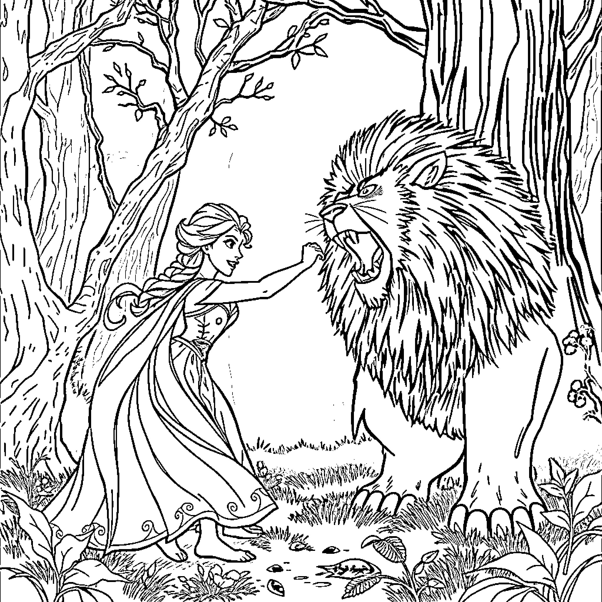 Elsa's Enchanting Encounter with a Majestic Lion in the Enchanted Forest Coloring Page (free black-and-white line drawing printable PDF for all, from beginners to advanced learners, including children, teens, adults, and seniors)