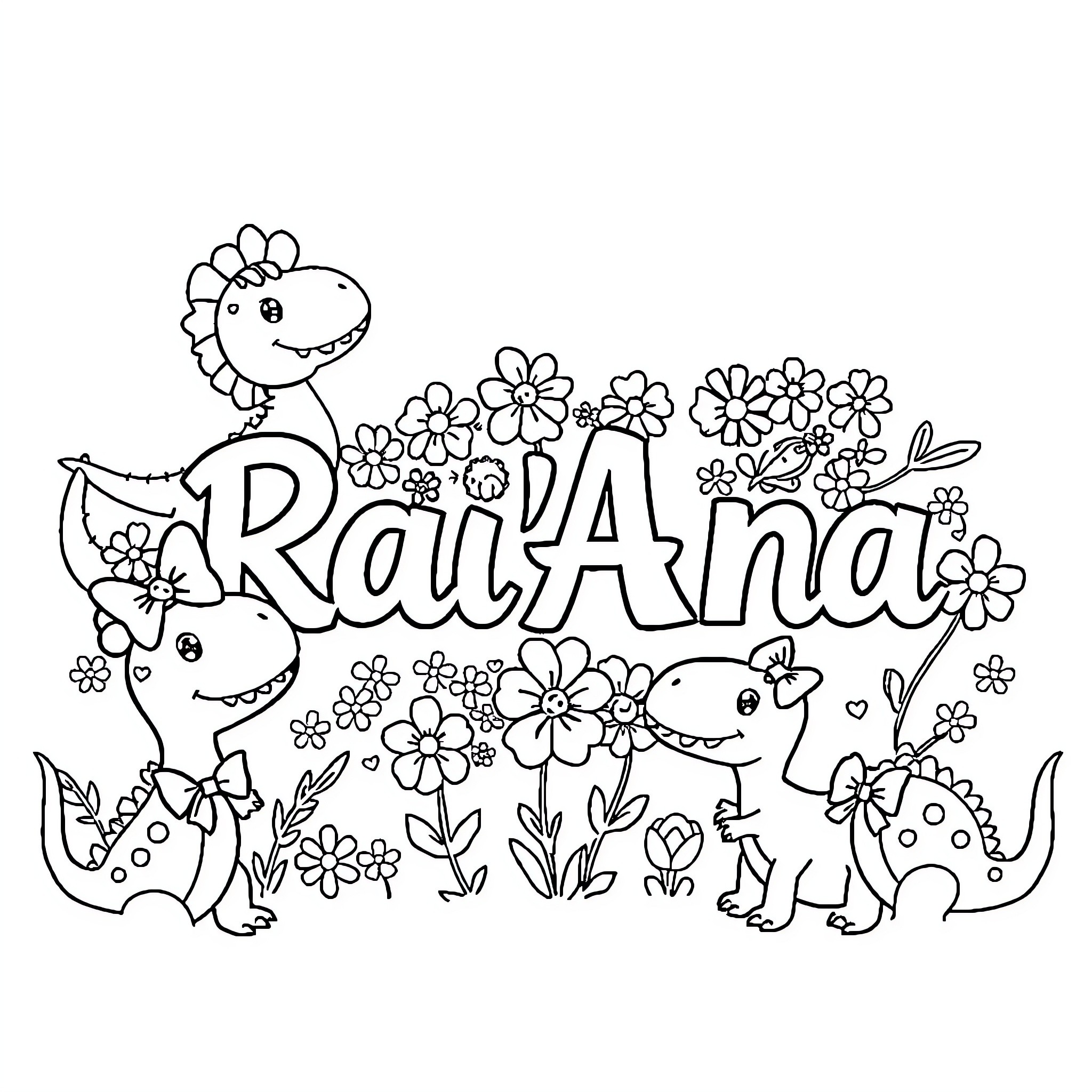 Dinosaurs playing joyfully in a floral field Coloring Page (free black-and-white line drawing printable PDF for all, from beginners to advanced learners, including children, teens, adults, and seniors)