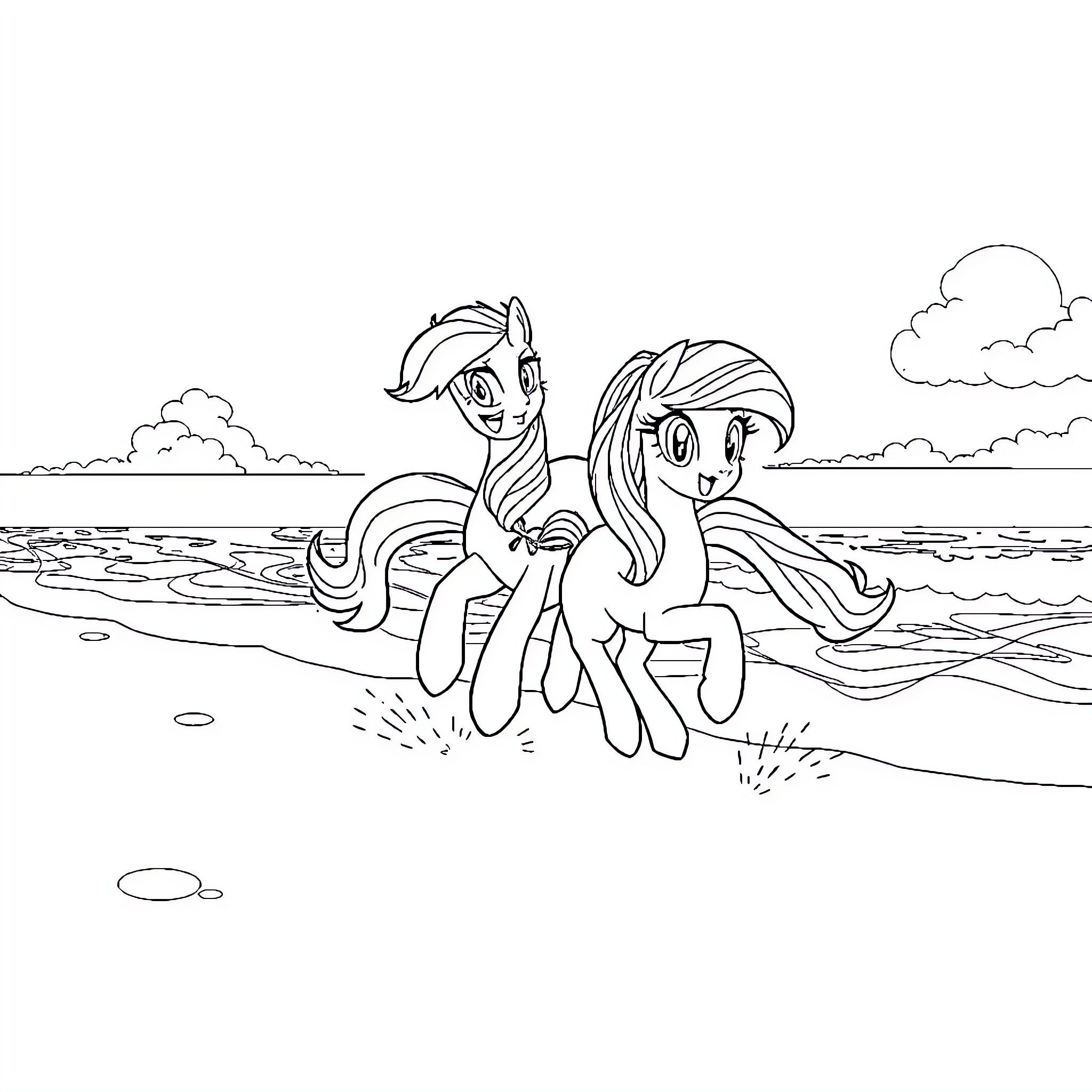 Rainbow Dash playing by the shore Coloring Page (free black-and-white line drawing printable PDF for all, from beginners to advanced learners, including children, teens, adults, and seniors)