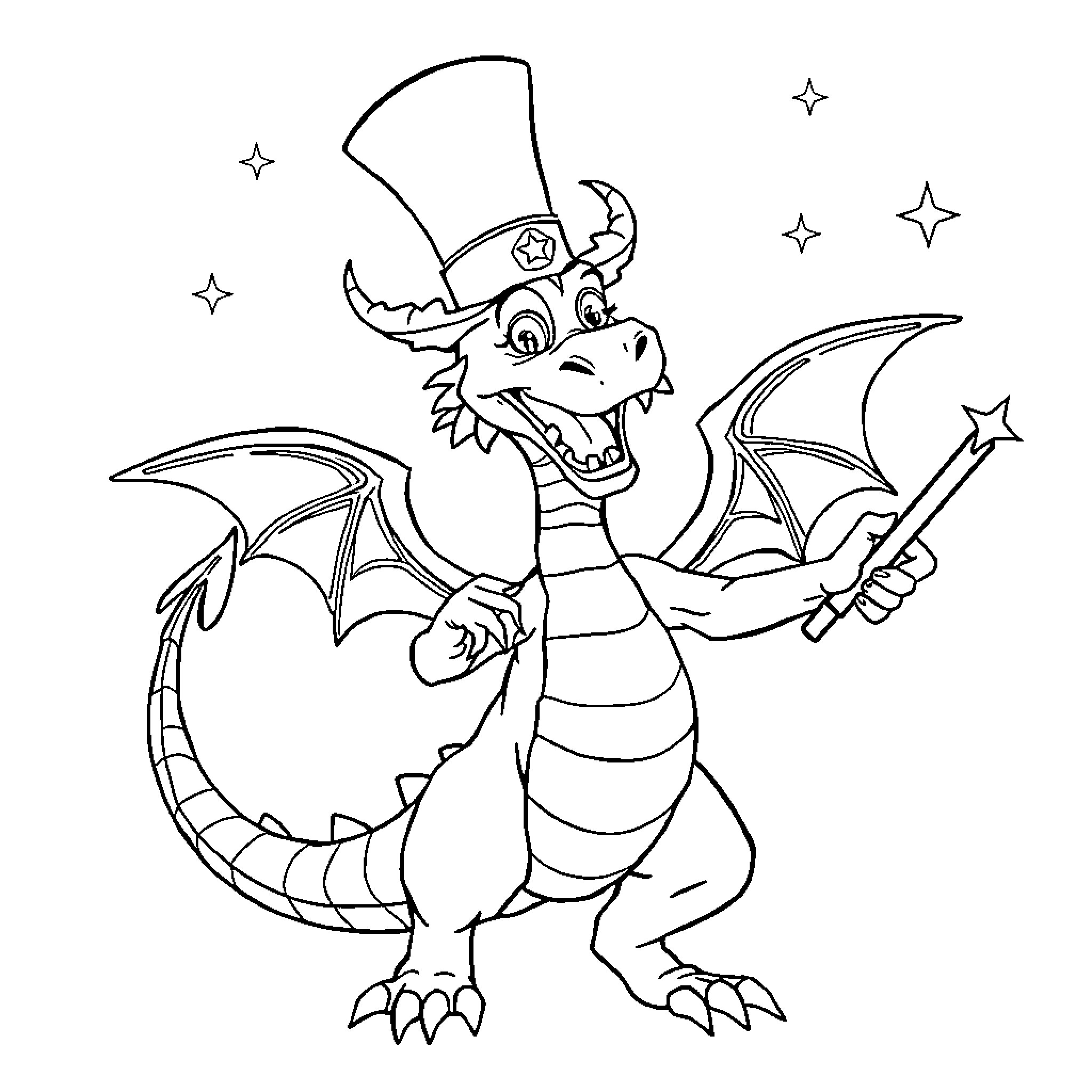 Dragon Magician Waving Wand in Starry Night Coloring Page (free black-and-white line drawing printable PDF for all, from beginners to advanced learners, including children, teens, adults, and seniors)