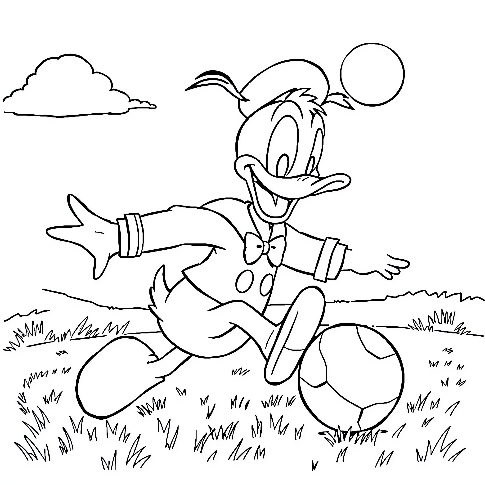 Donald Duck having fun in the outdoors Coloring Page (free black-and-white line drawing printable PDF for all, from beginners to advanced learners, including children, teens, adults, and seniors)