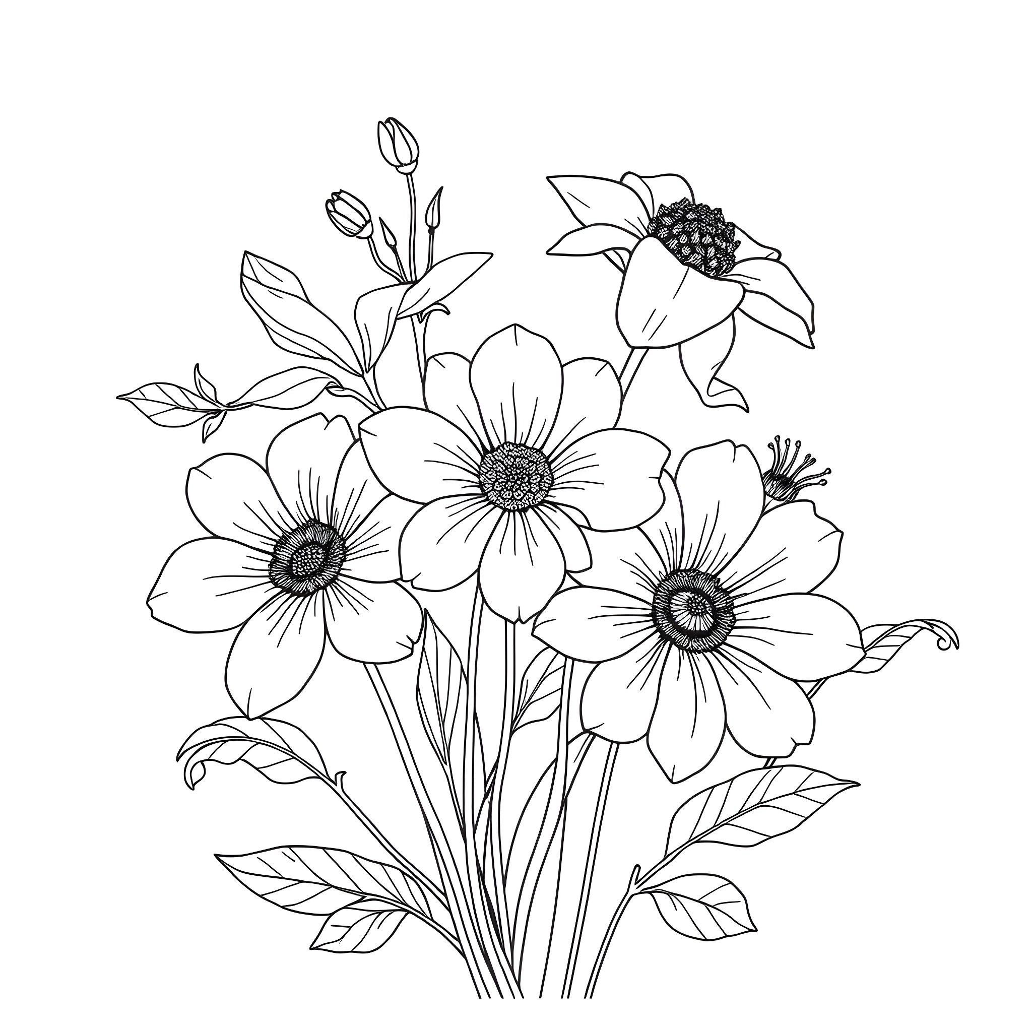 Flower Bouquet with Blooming Flowers Coloring Page (free black-and-white line drawing printable PDF for all, from beginners to advanced learners, including children, teens, adults, and seniors)